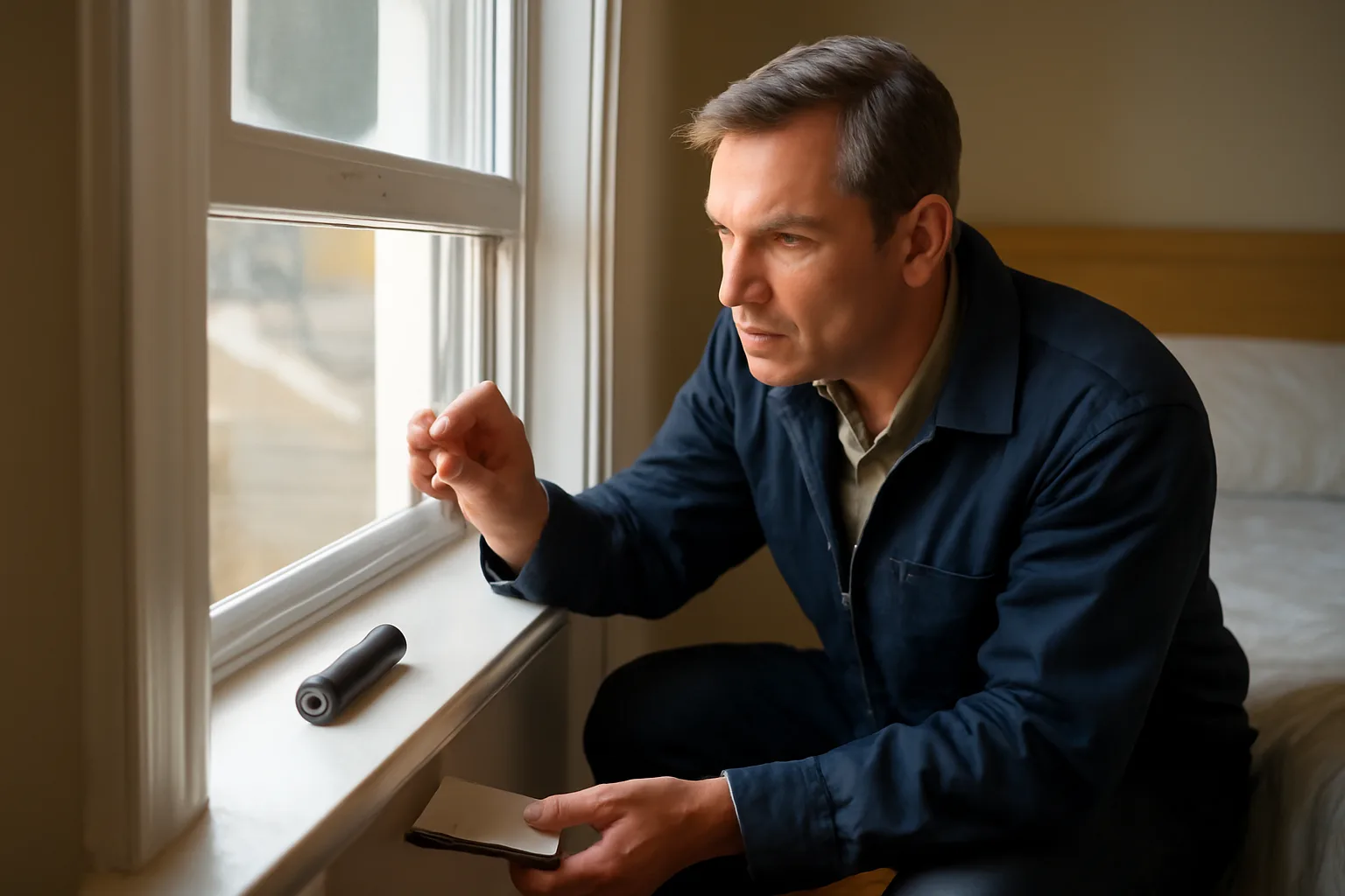 Landlord testing a bedroom window latch during a rental inspection walkthrough
