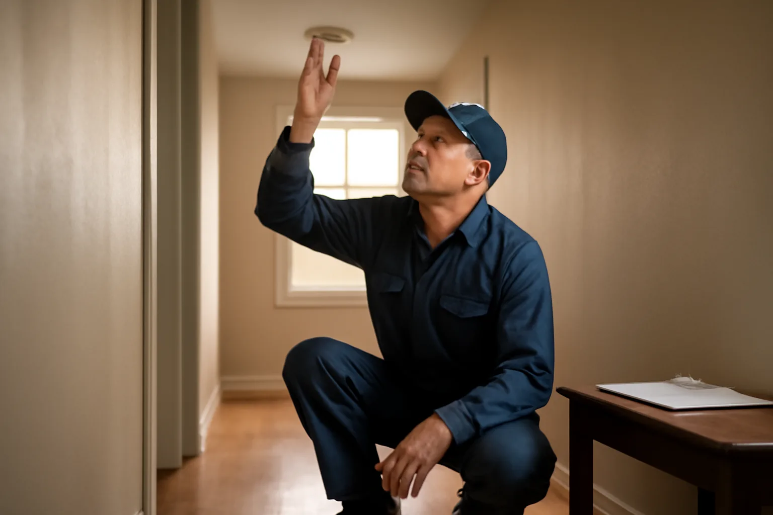 Landlord checking a smoke detector during a rental property inspection walk-through