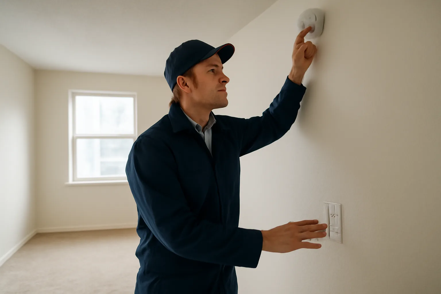Landlord inspecting a smoke detector during a rental property walk-through, not a car rental inspection form