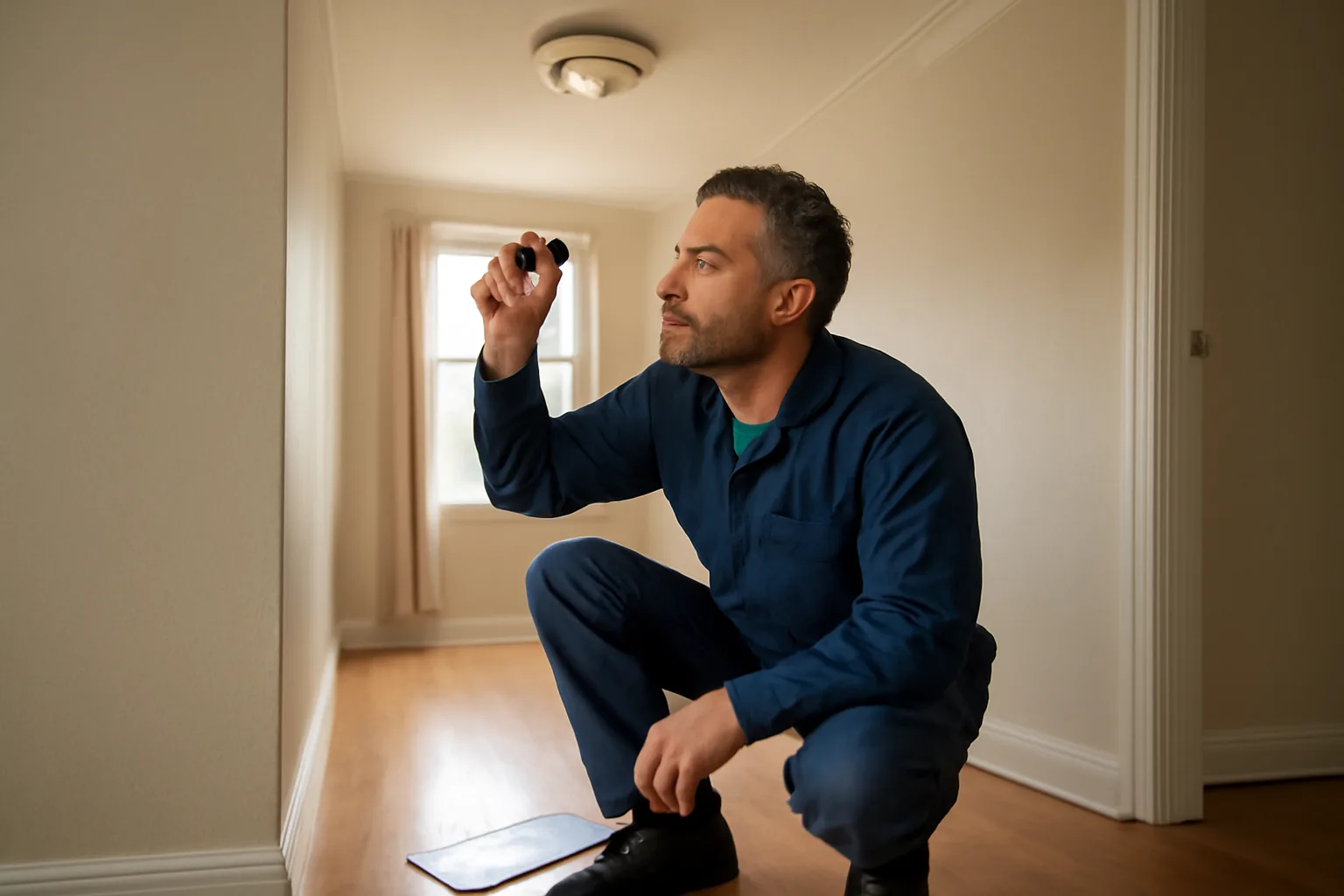 Landlord checking a smoke detector during a rental licensing inspection walkthrough