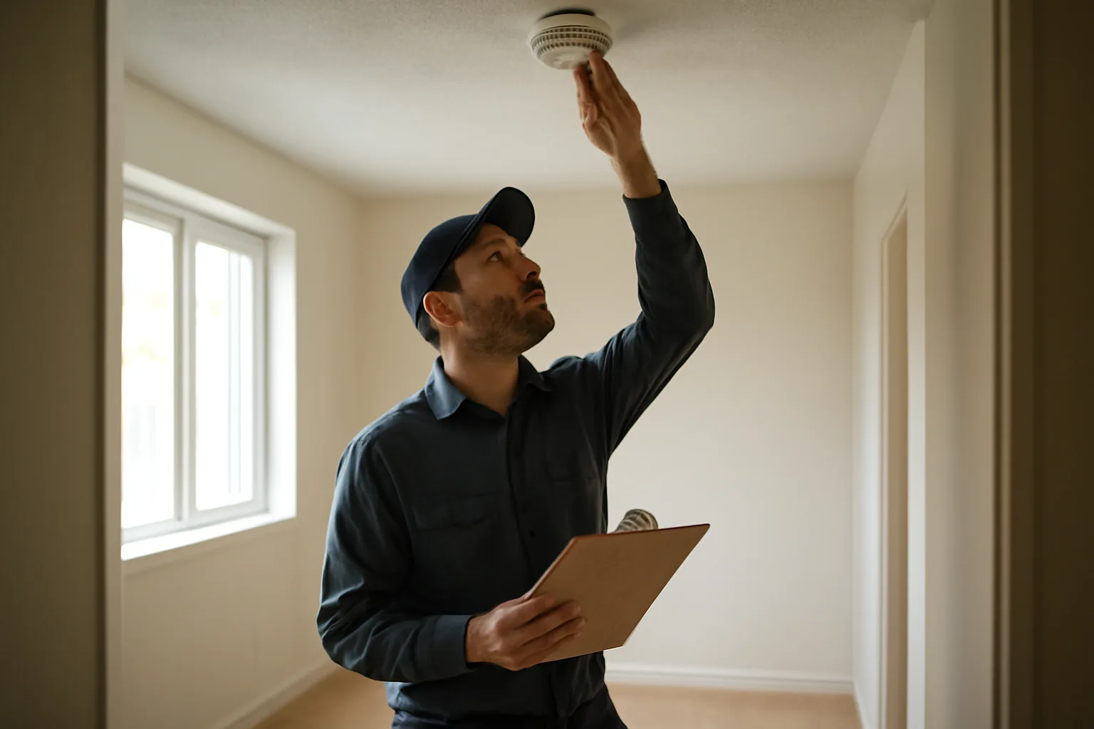 Landlord checking a smoke detector during a rental property inspection walkthrough