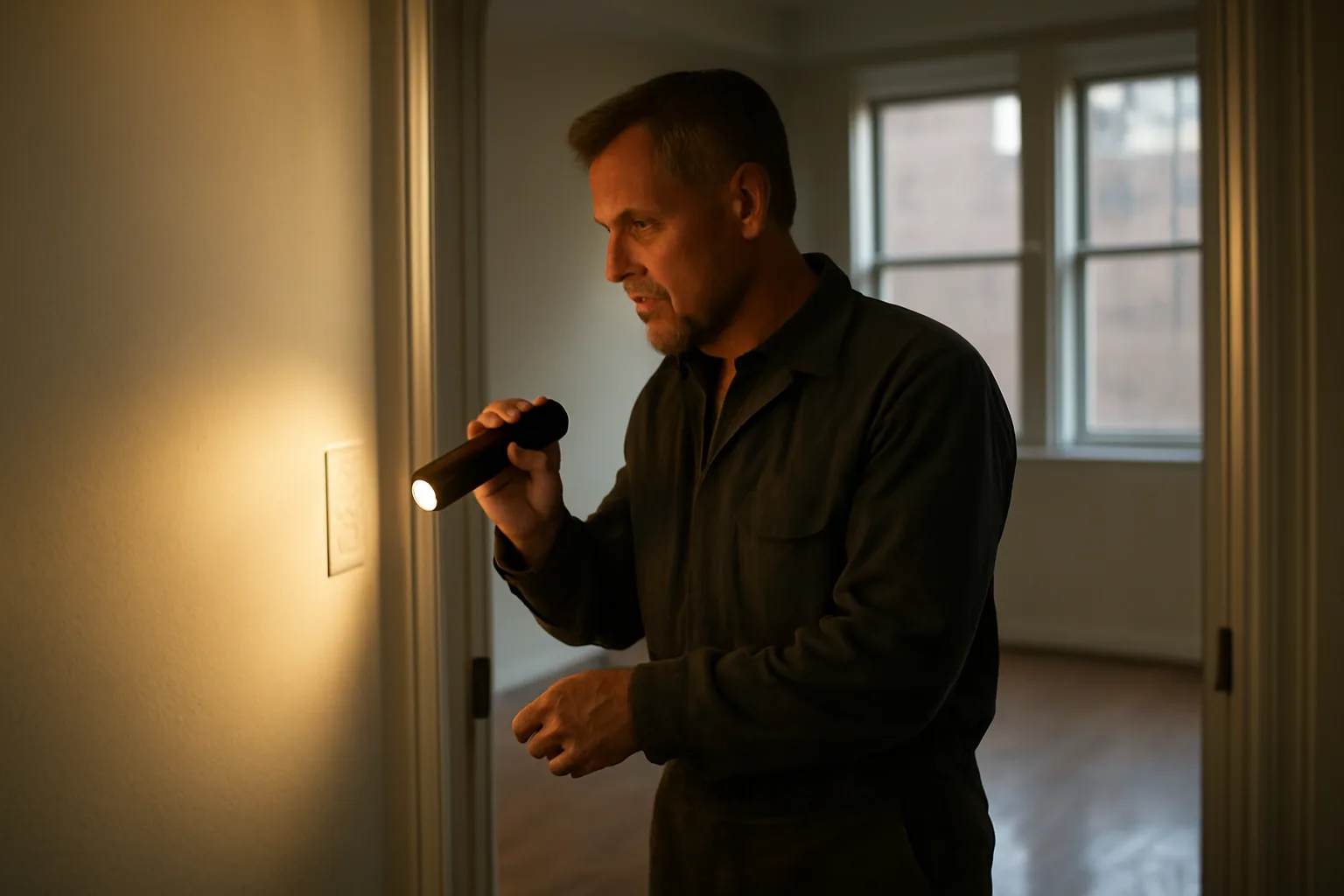 Landlord inspecting an electrical outlet in an empty rental unit during daylight