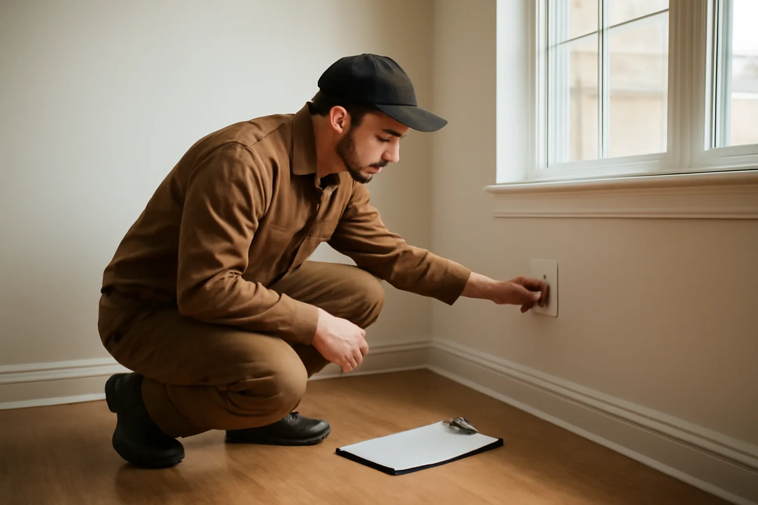 Landlord inspecting an outlet during a rental property walk-through inspection