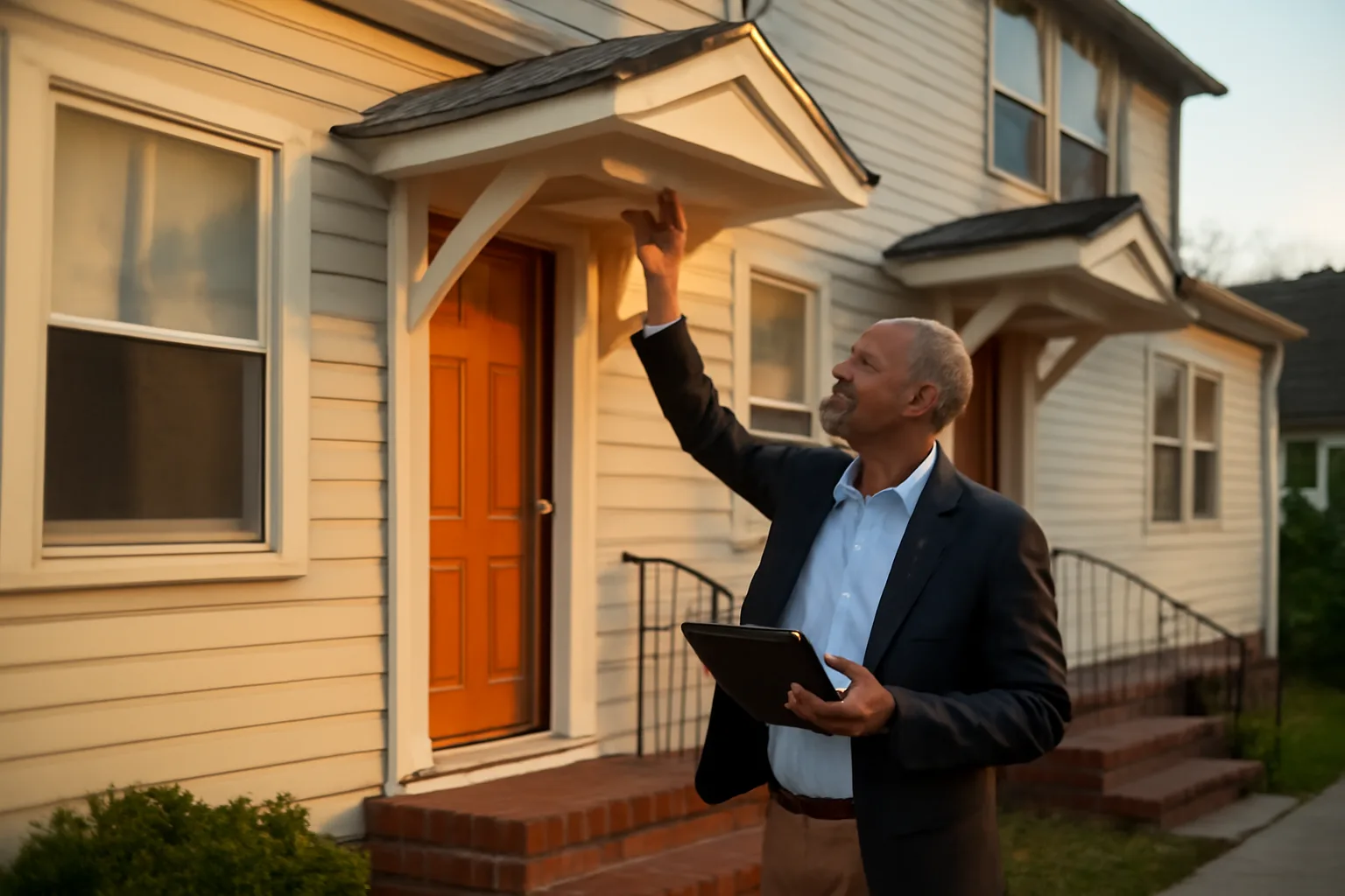 Landlord inspecting a smoke detector outside a small rental duplex at dusk