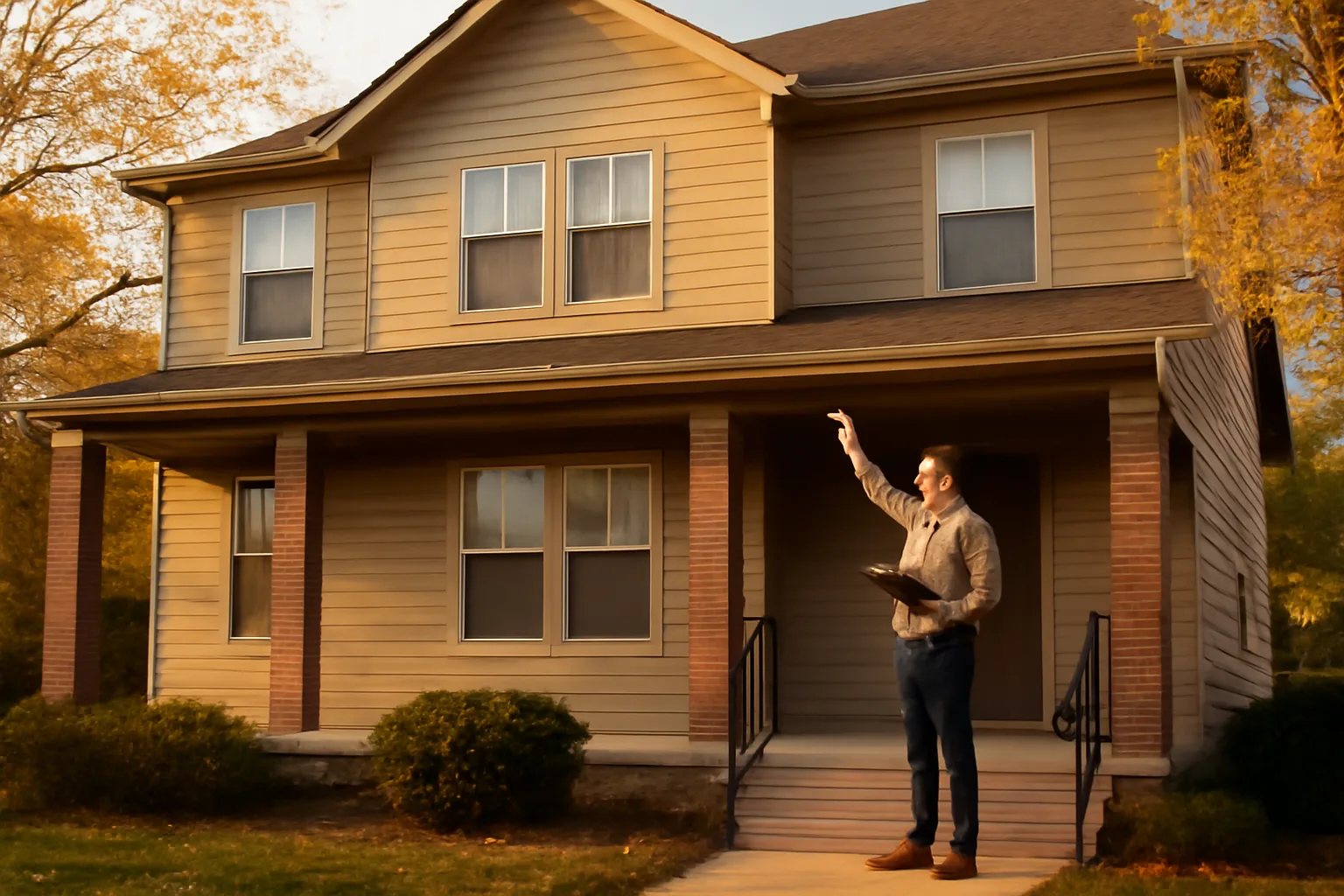 landlord inspecting a smoke detector on a rental duplex porch during a walk-through