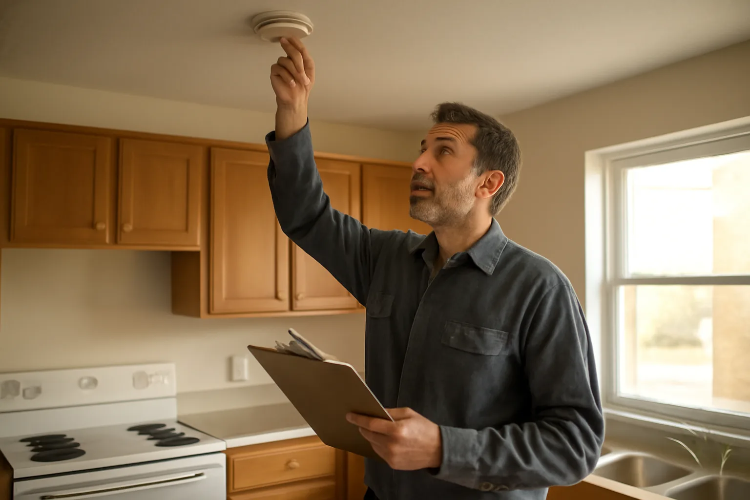 landlord inspecting smoke detector in an empty rental unit kitchen