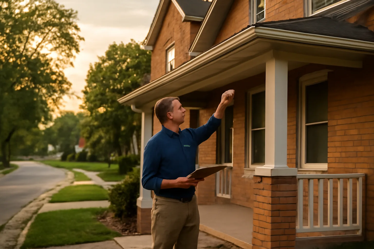 Landlord inspecting exterior of a suburban rental home in the evening light