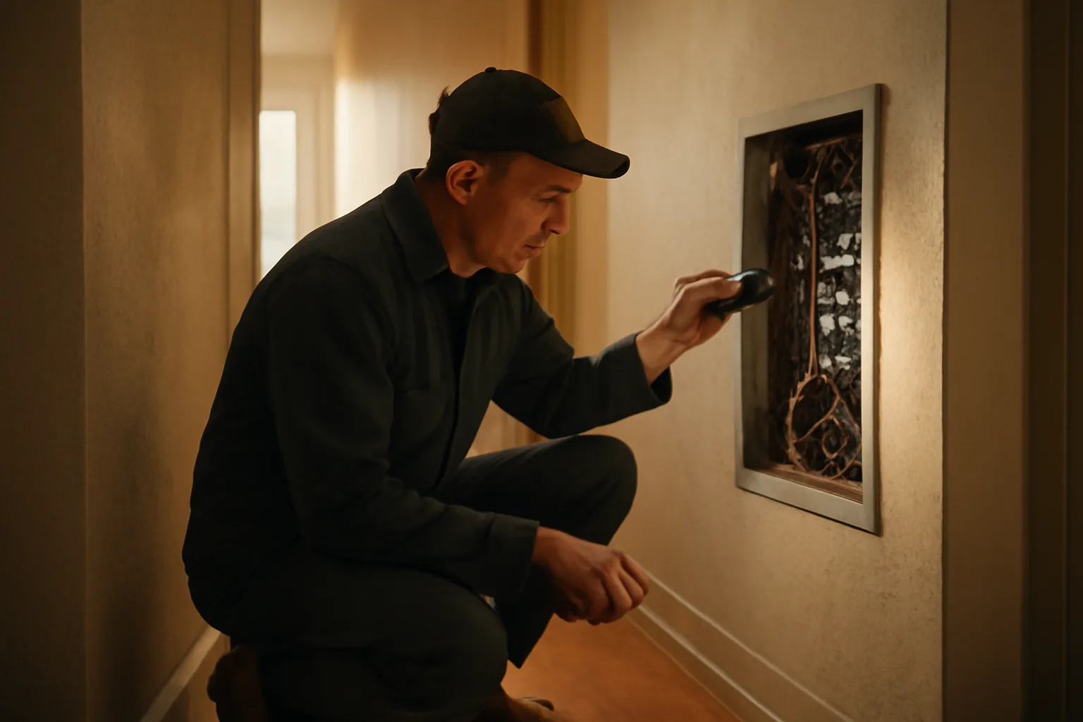 Landlord inspecting an electrical panel during a rental property safety checklist walkthrough