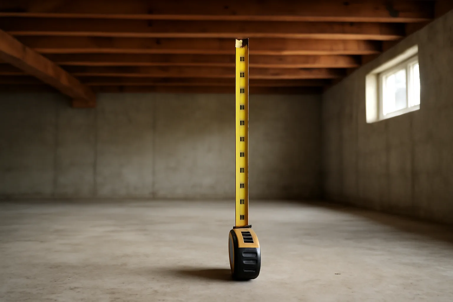 Tape measure showing ceiling height in an unfinished basement rental room