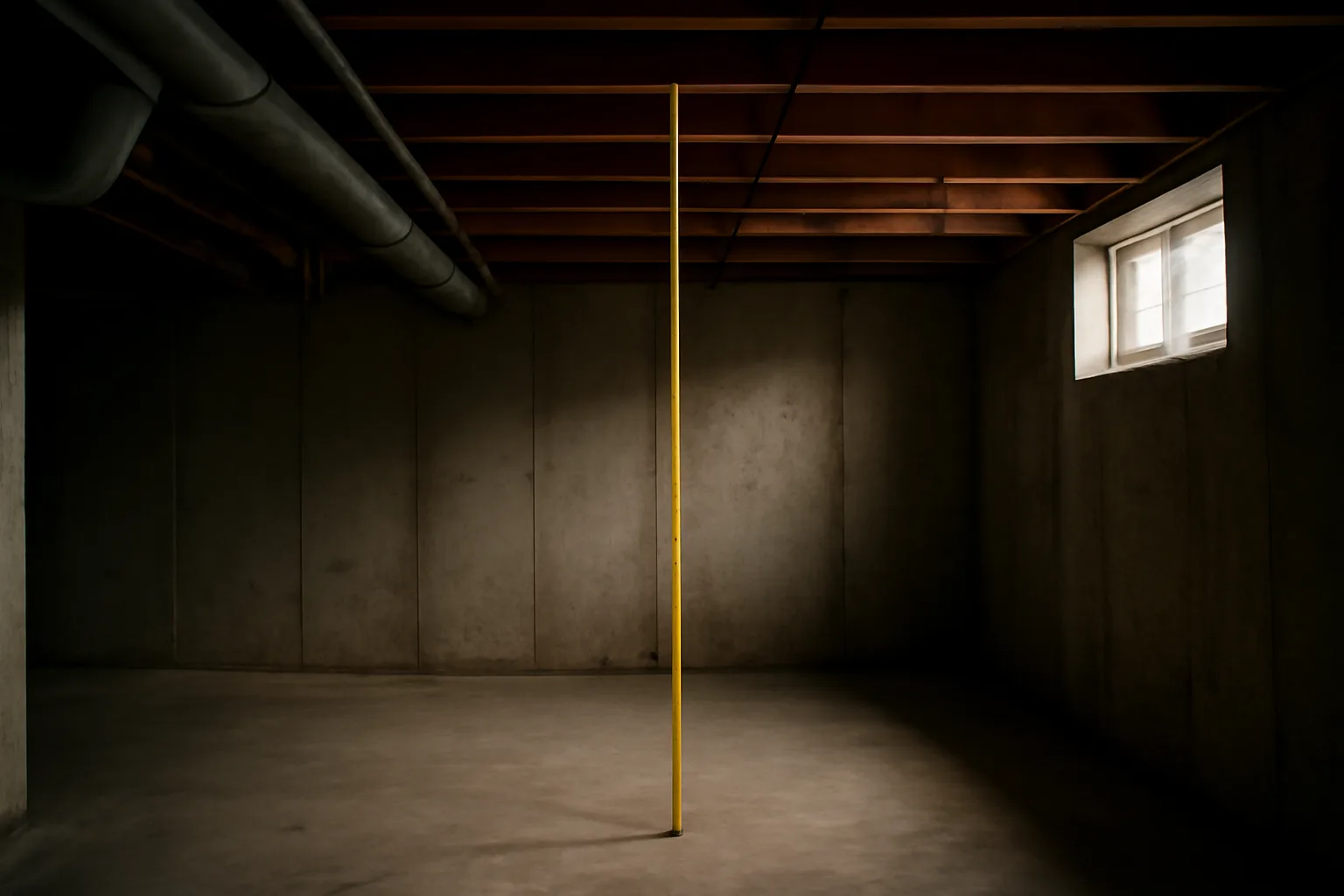 Tape measure showing basement ceiling height clearance beneath exposed joists and ductwork