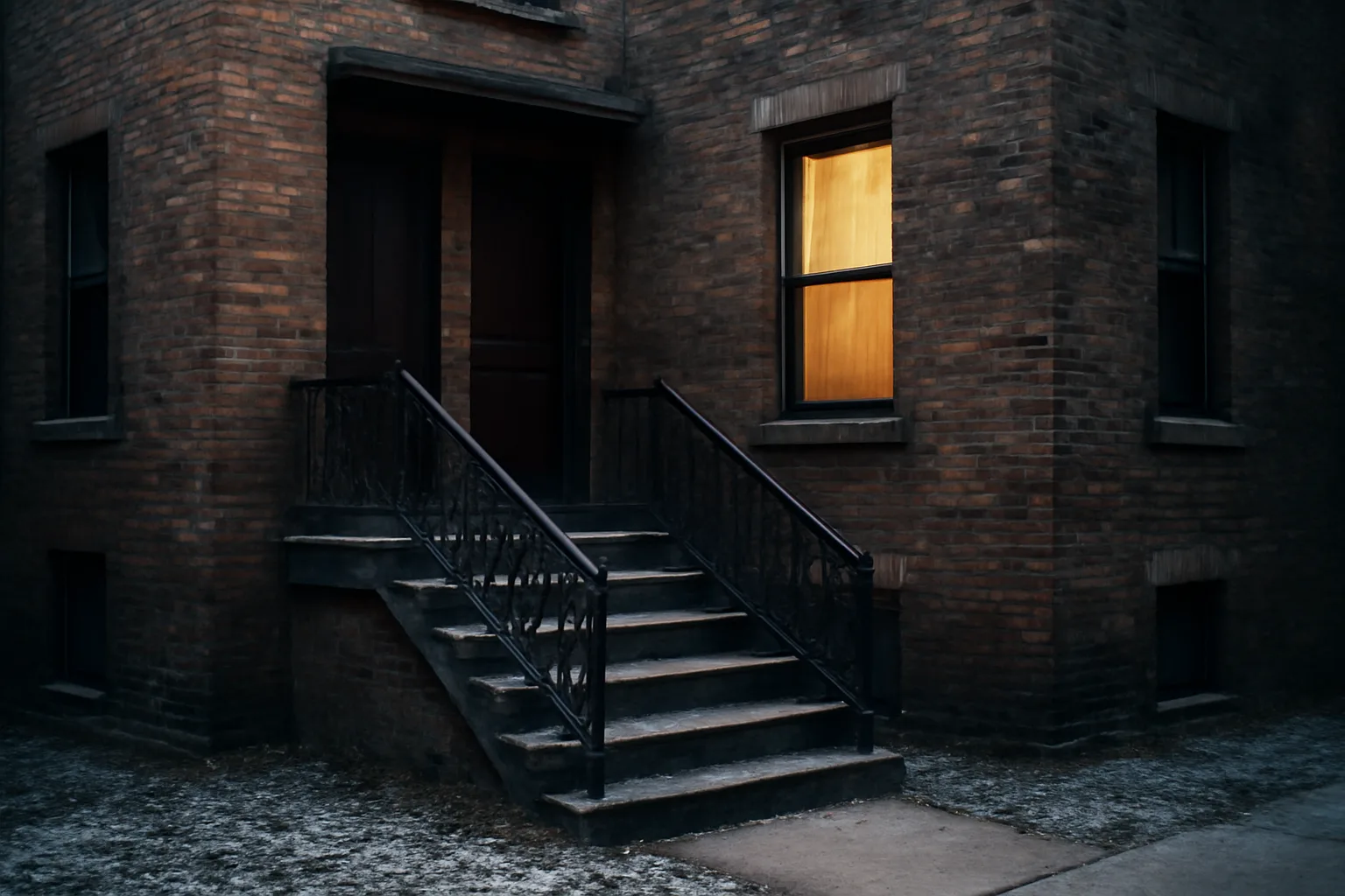 Brick Chicago two-flat rental building exterior at dusk in winter