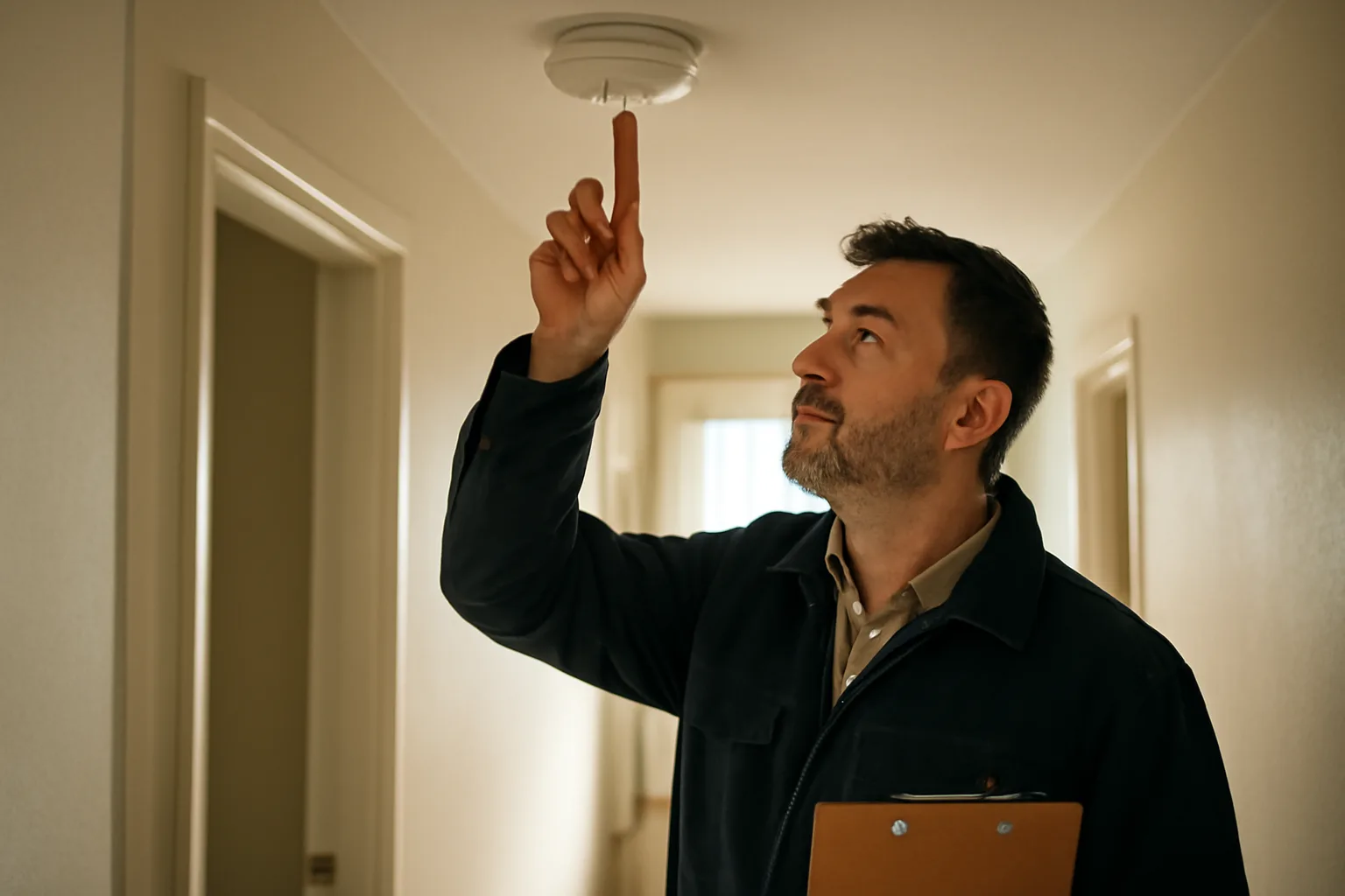 City building inspector checking a smoke alarm during a rental property inspection