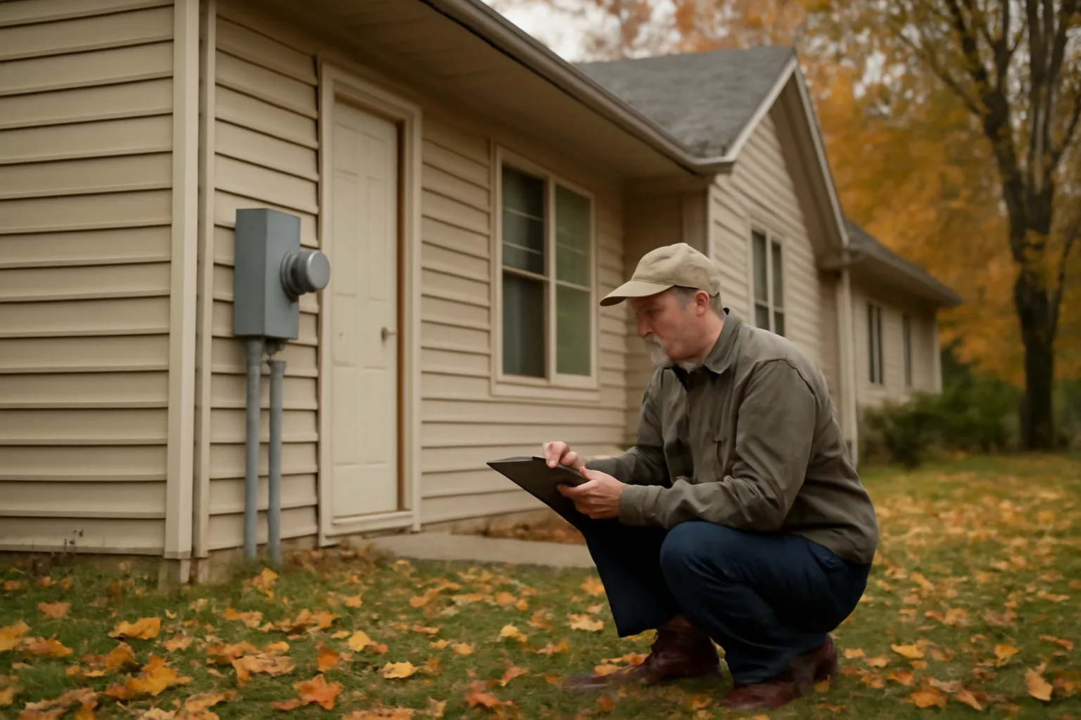 Home inspector examining exterior electrical meter at a Midwestern rental duplex