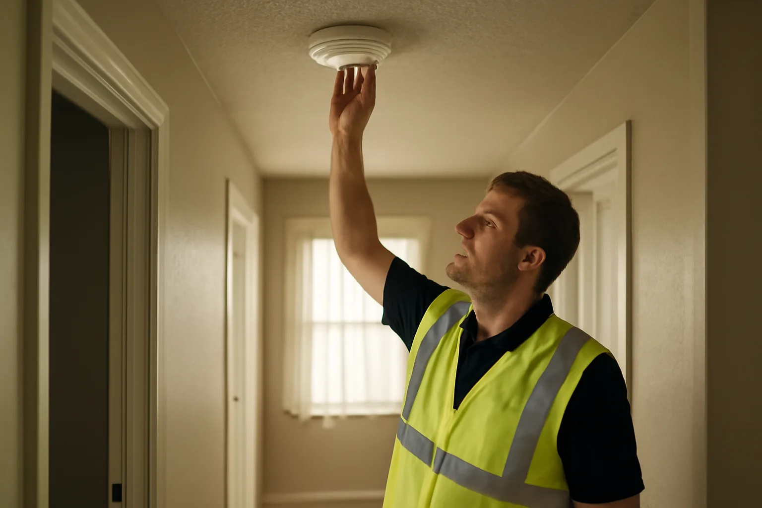 Inspector checking a smoke alarm during a city rental housing inspection