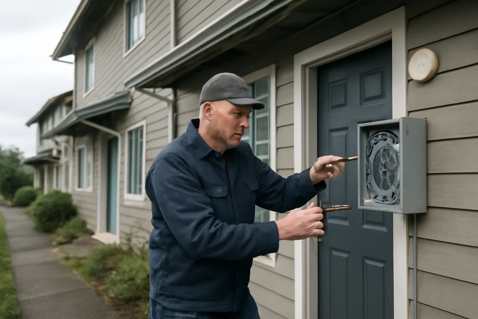 Landlord inspecting exterior wiring on a Pacific Northwest rental duplex in overcast daylight