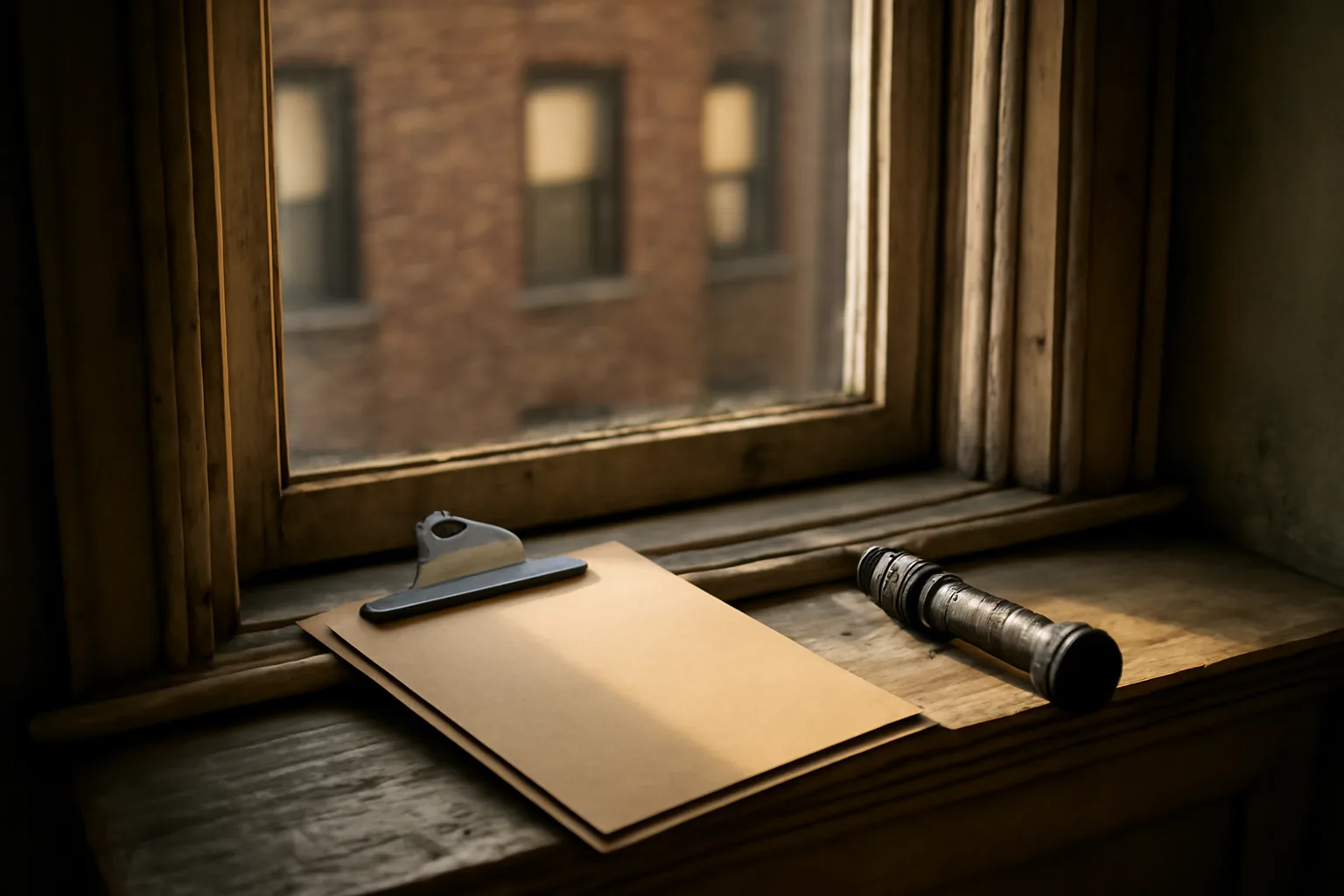 Inspector's flashlight and clipboard on windowsill during a city of Buffalo rental inspection