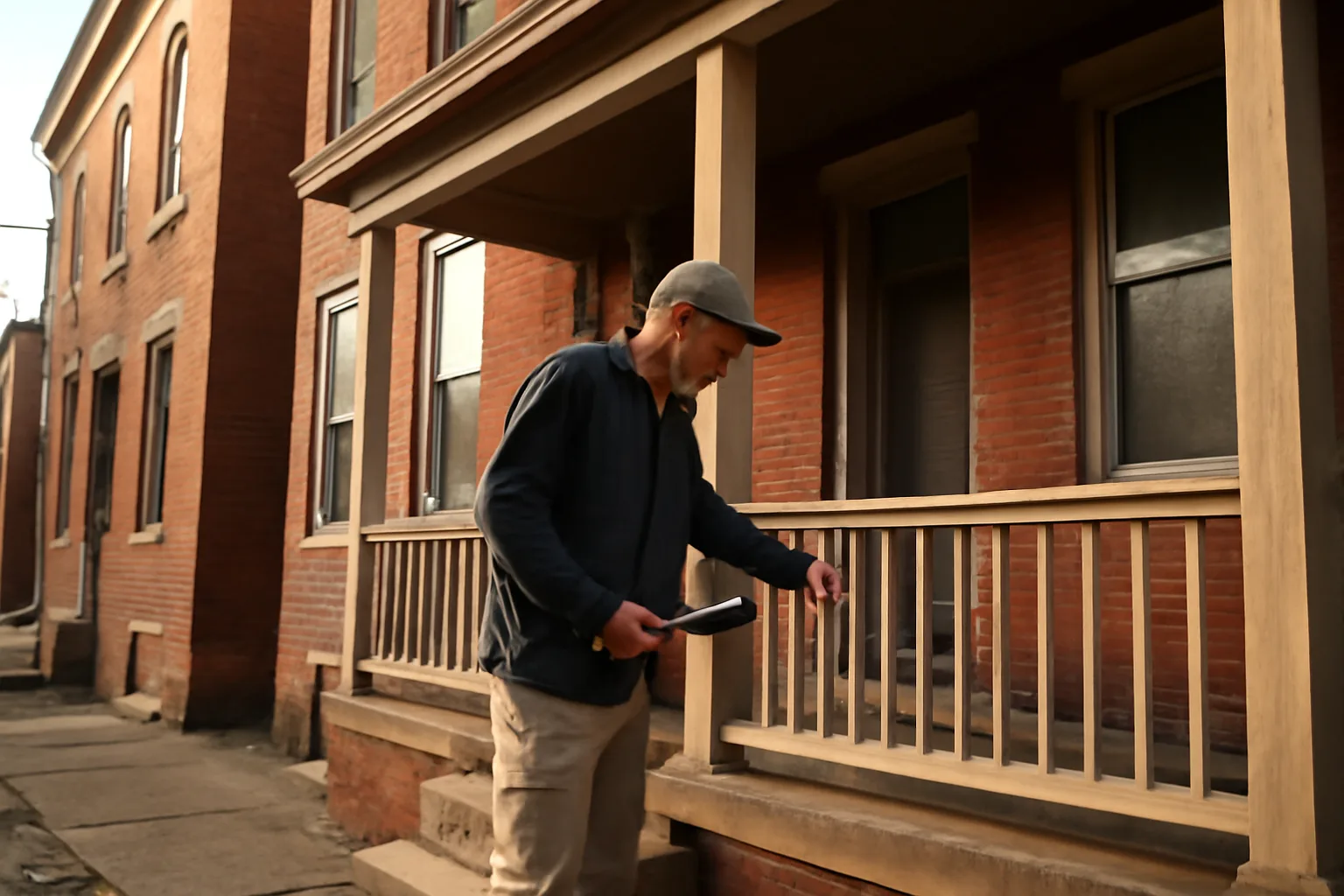 Landlord inspecting a brick rental duplex exterior in an older city neighborhood