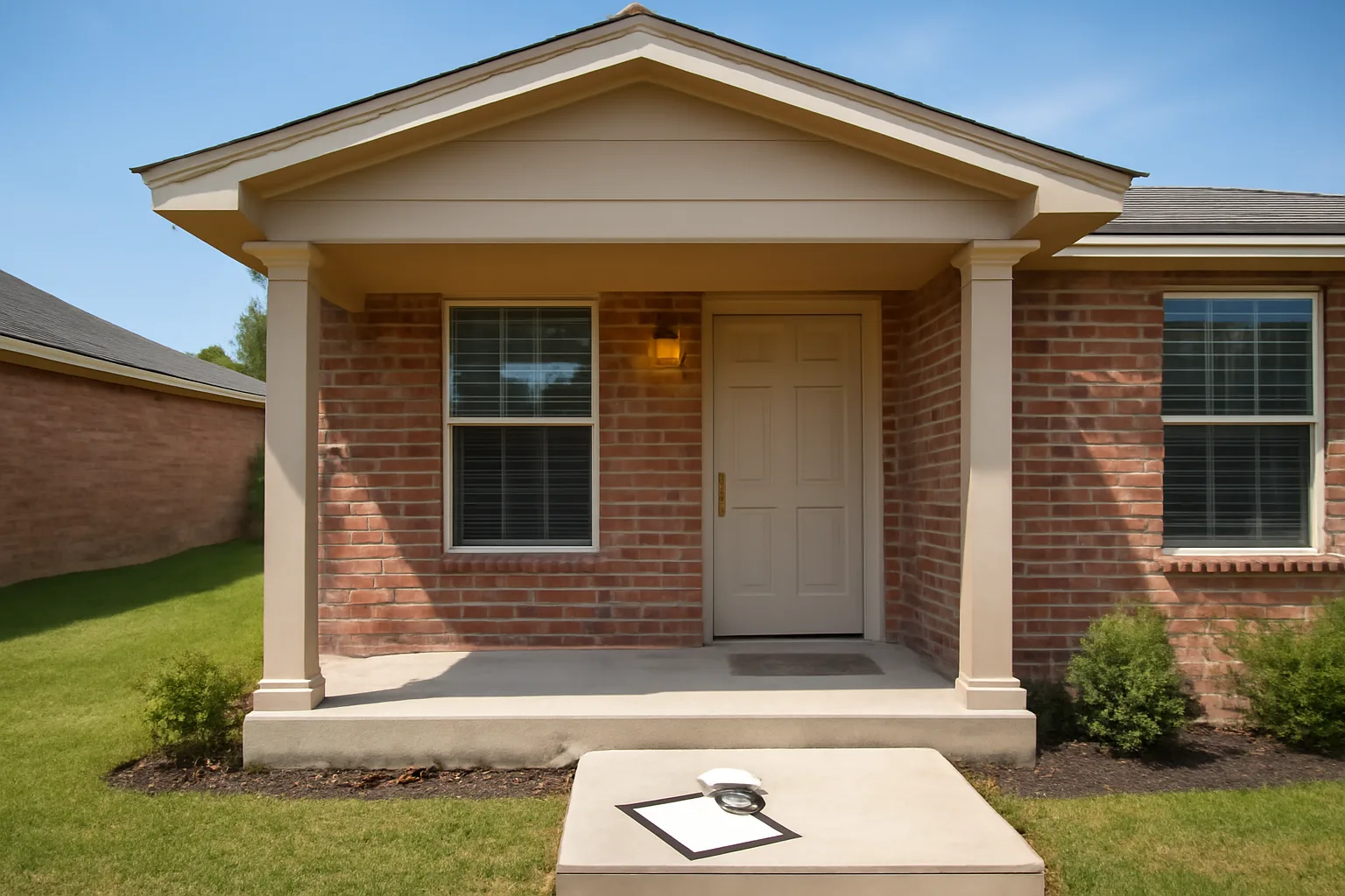 Brick single-family rental home in a Texas suburb during a daytime property inspection visit