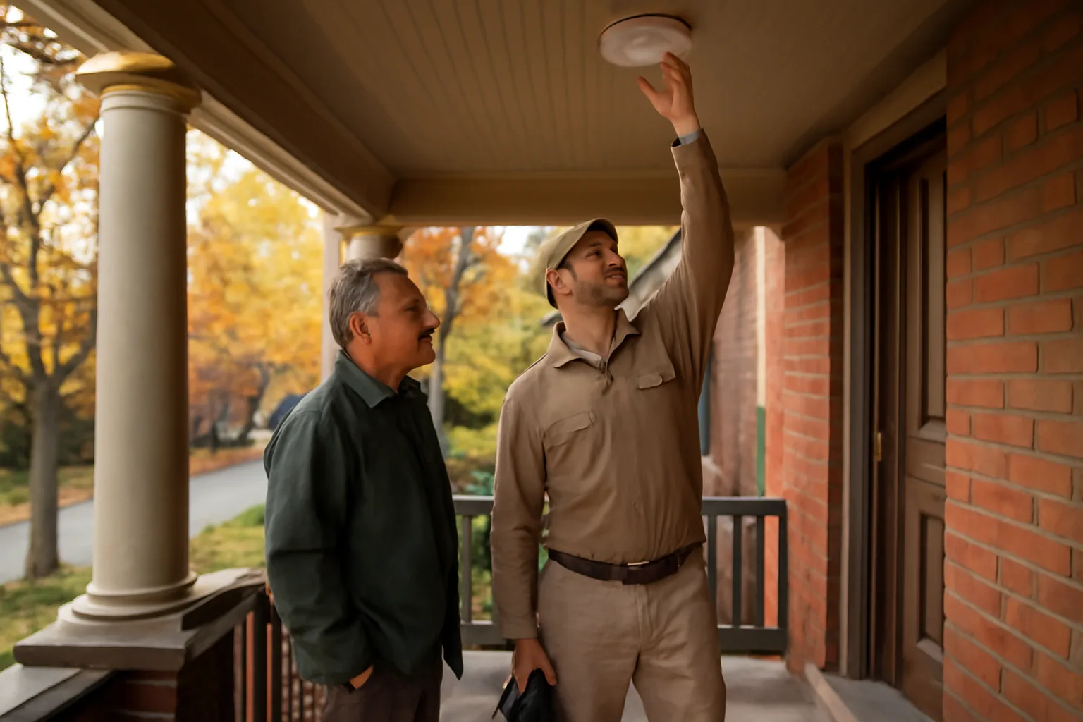 Landlord and inspector reviewing a Cleveland rental duplex during a registration inspection