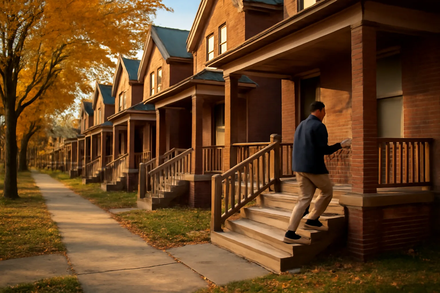 Landlord walking up porch steps of a Cleveland rental duplex before a registration inspection