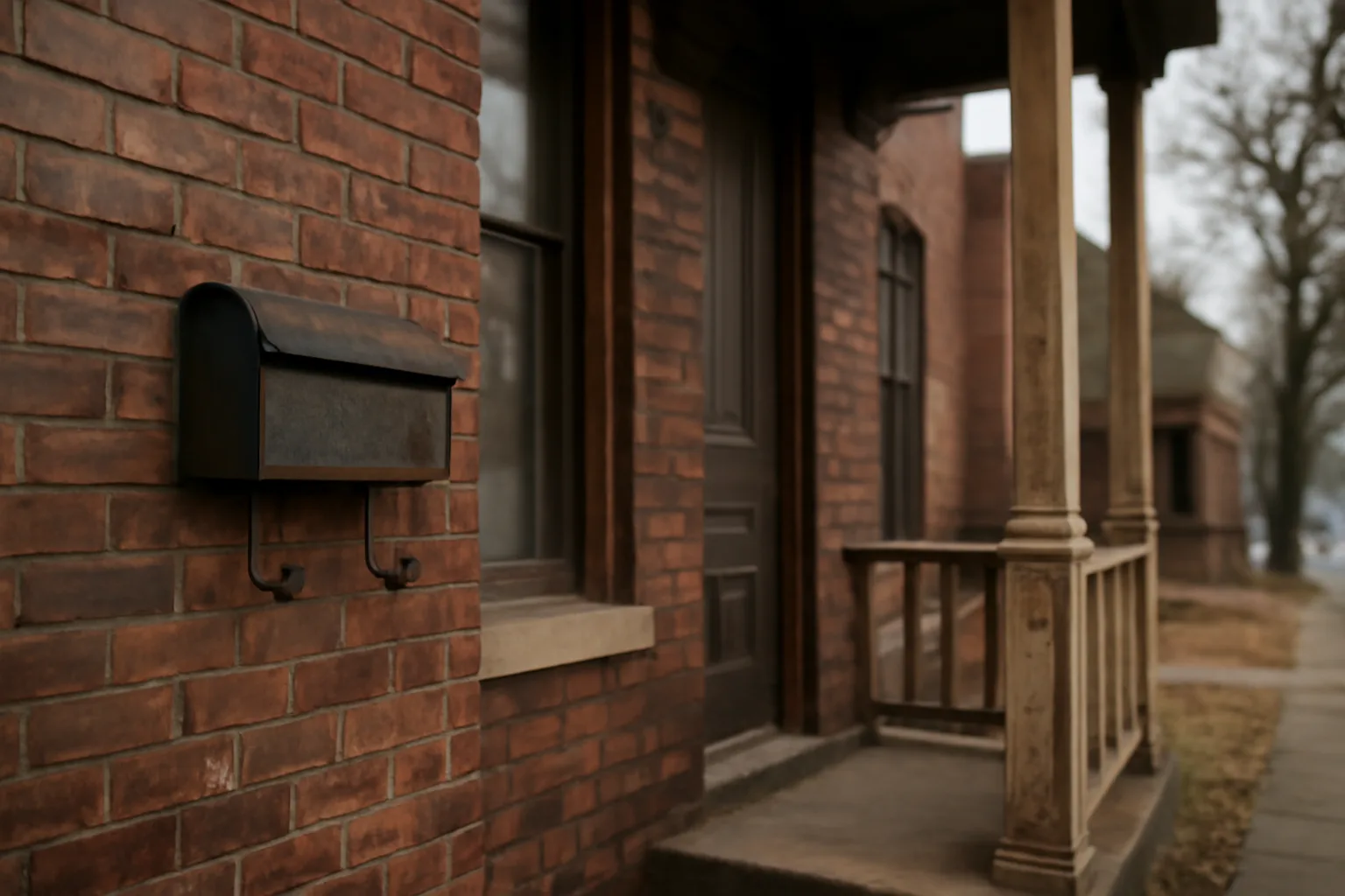Brick Cleveland rental duplex porch under overcast afternoon sky, no signage visible