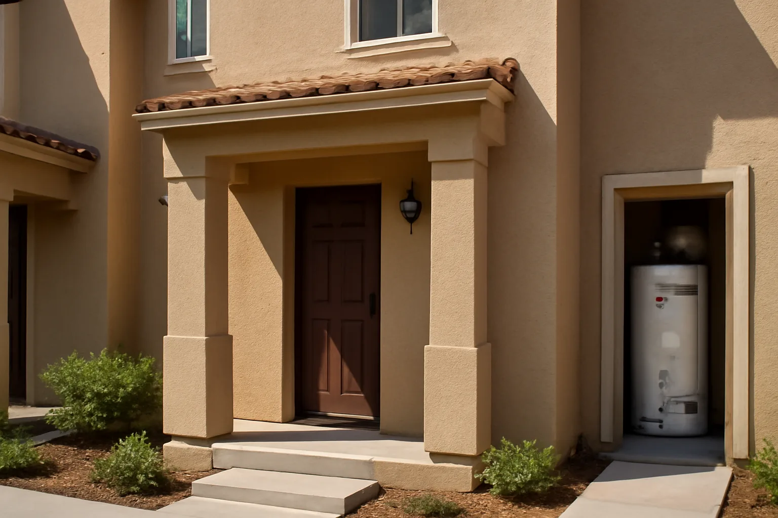 Exterior of a small California duplex rental with a visible strapped water heater