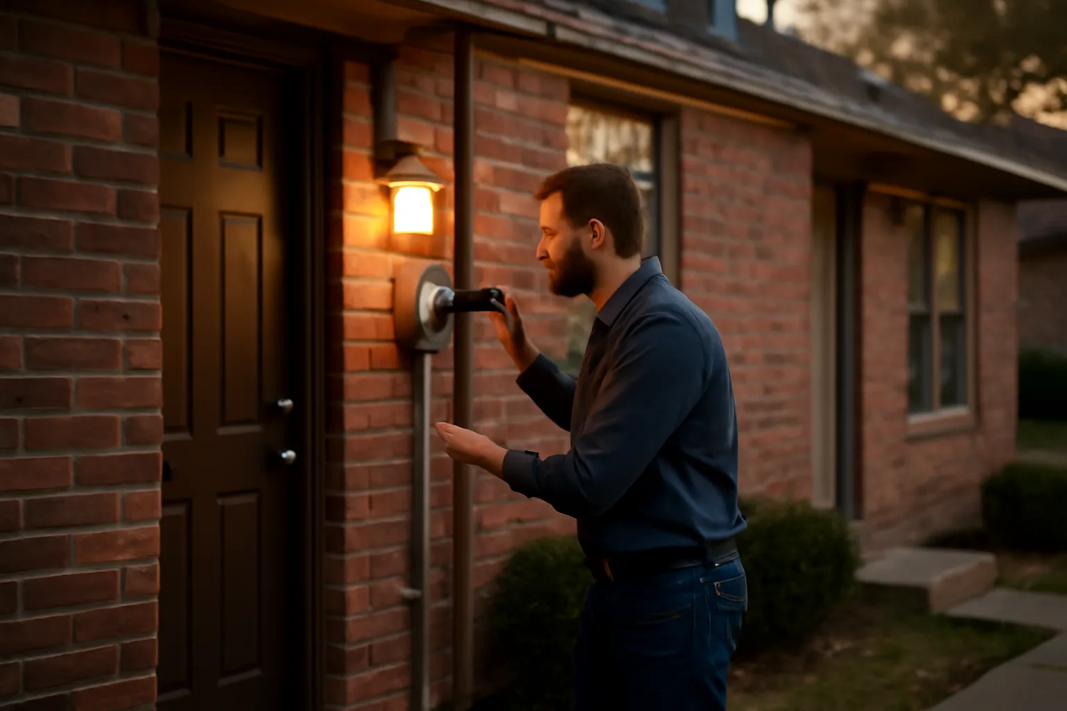 Inspector checking exterior electrical meter at a Dallas rental duplex at dusk