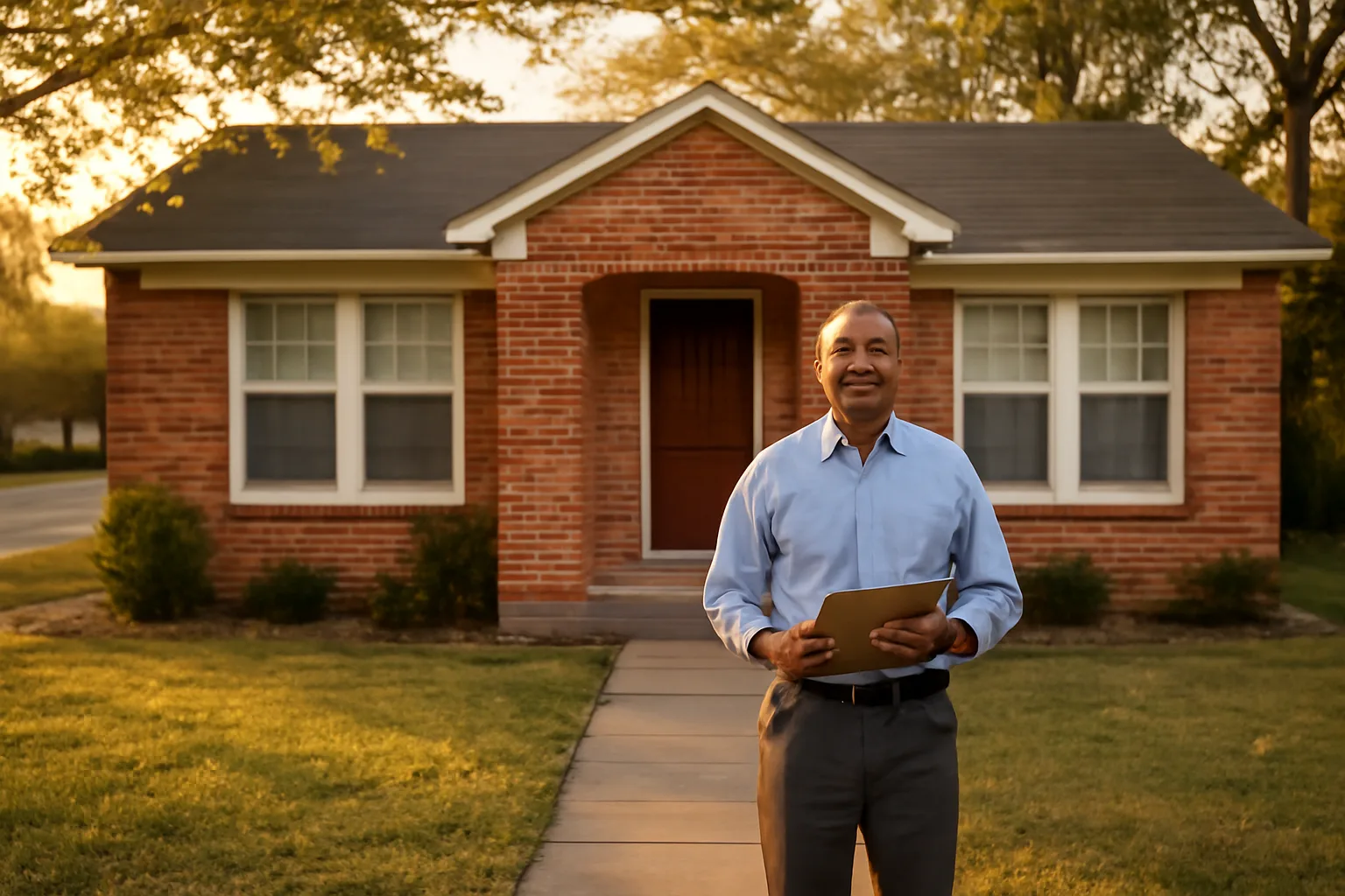 Landlord standing outside a Dallas rental duplex during a property registration check