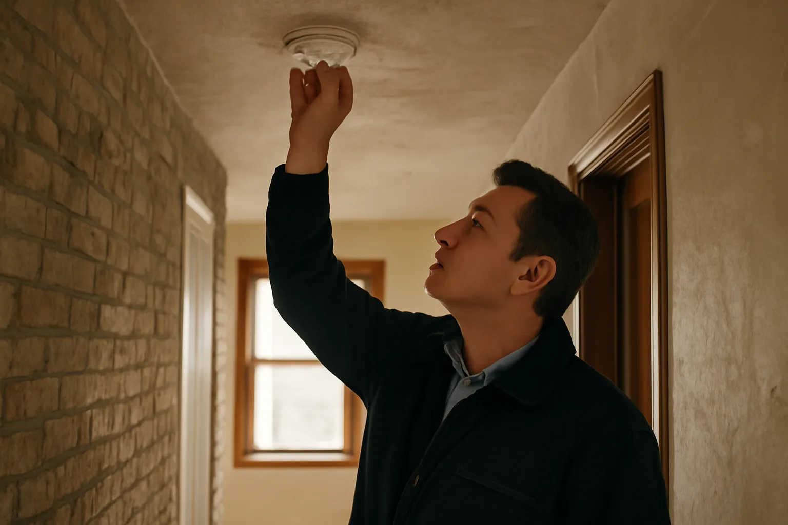 City inspector checking a smoke detector during a rental property inspection in a duplex hallway