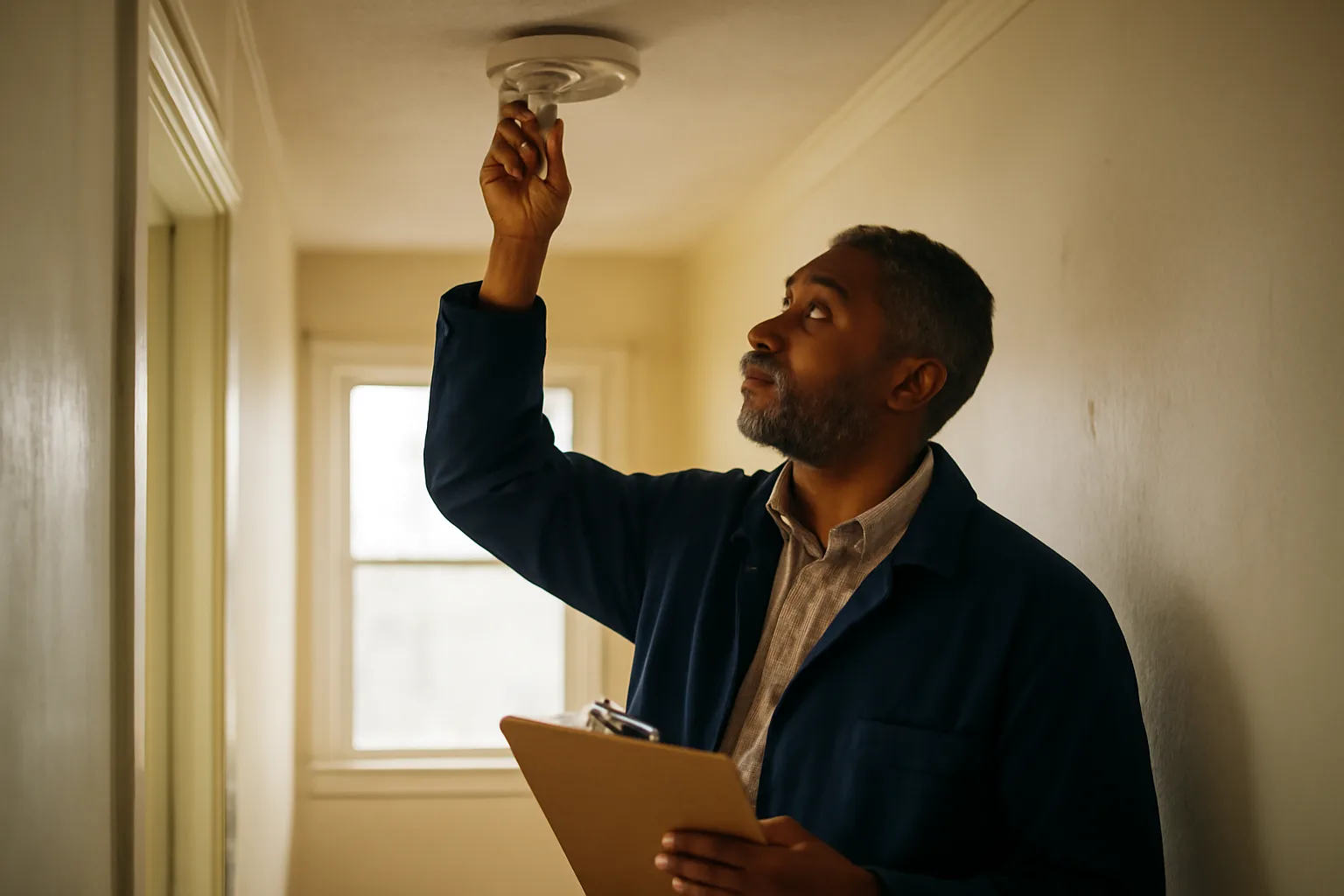 Inspector checking a smoke alarm during a city rental housing inspection