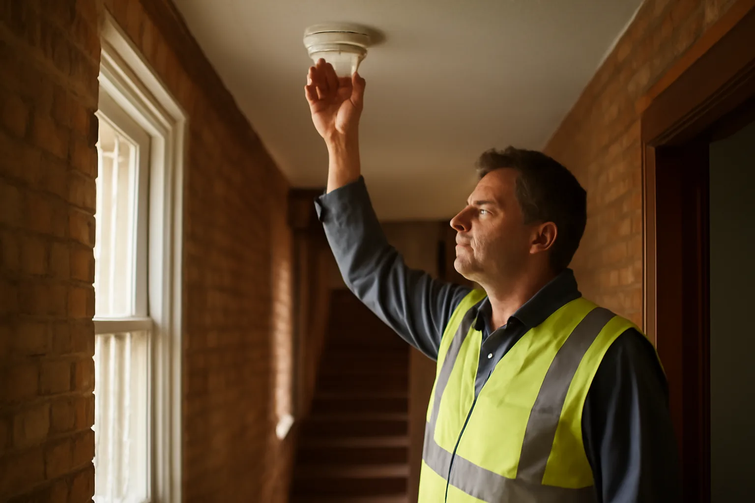 City inspector checking a smoke detector during a Detroit rental property inspection