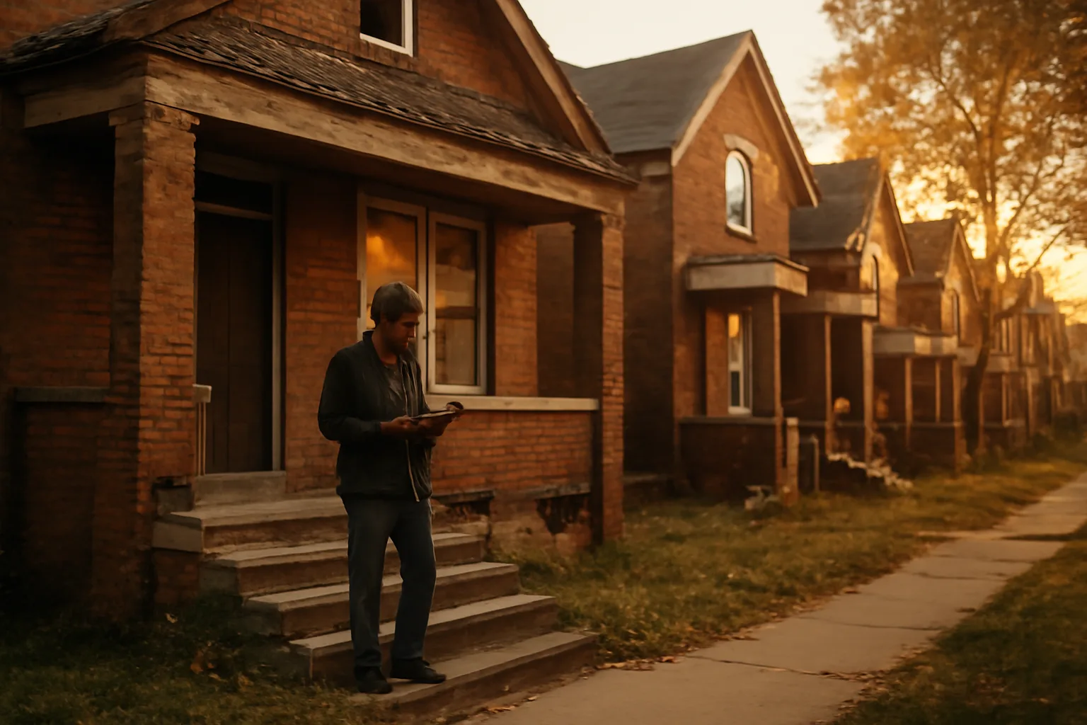 Landlord reviewing property details outside a brick Detroit rental duplex at dusk