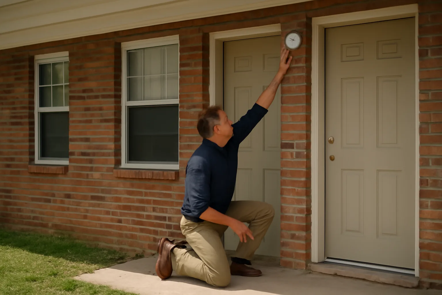 Landlord checking a smoke detector during a rental property inspection at a Midwestern duplex