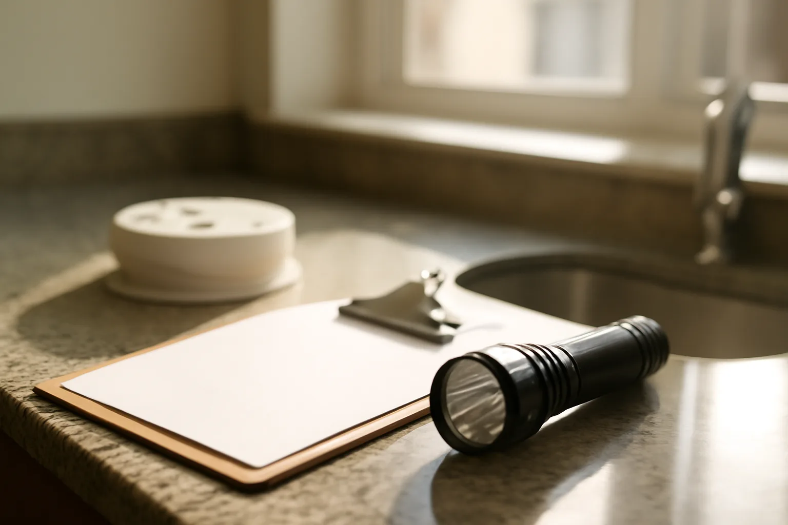 Inspector tools on a kitchen counter during a rental unit code inspection