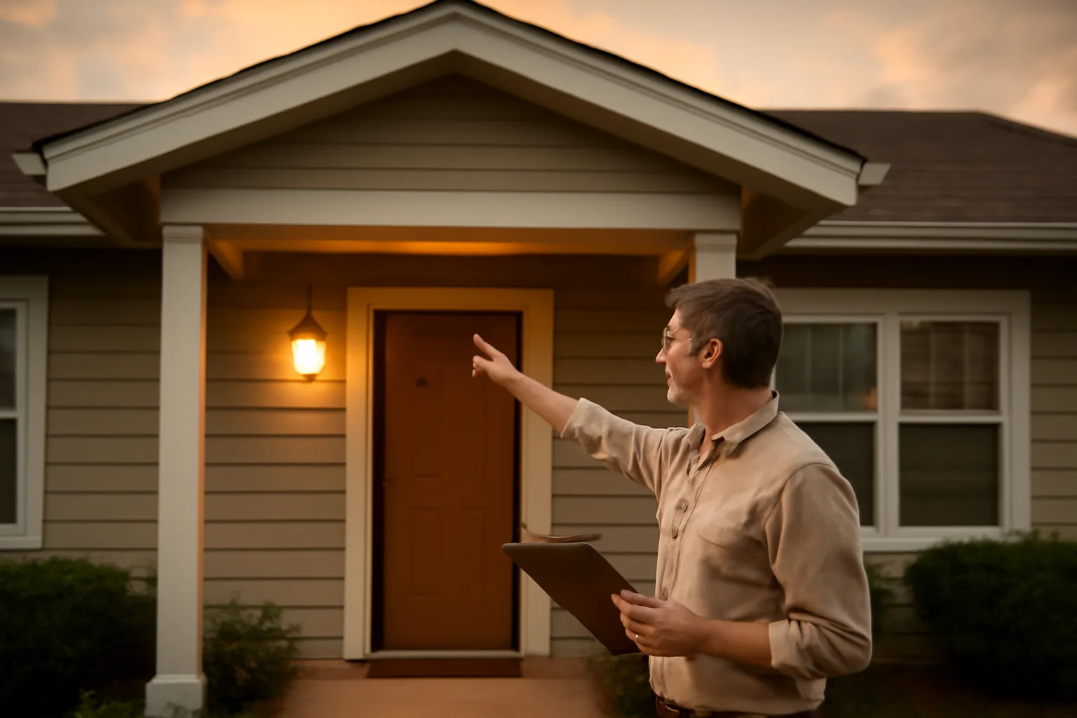 Landlord and inspector reviewing a suburban rental house exterior at dusk