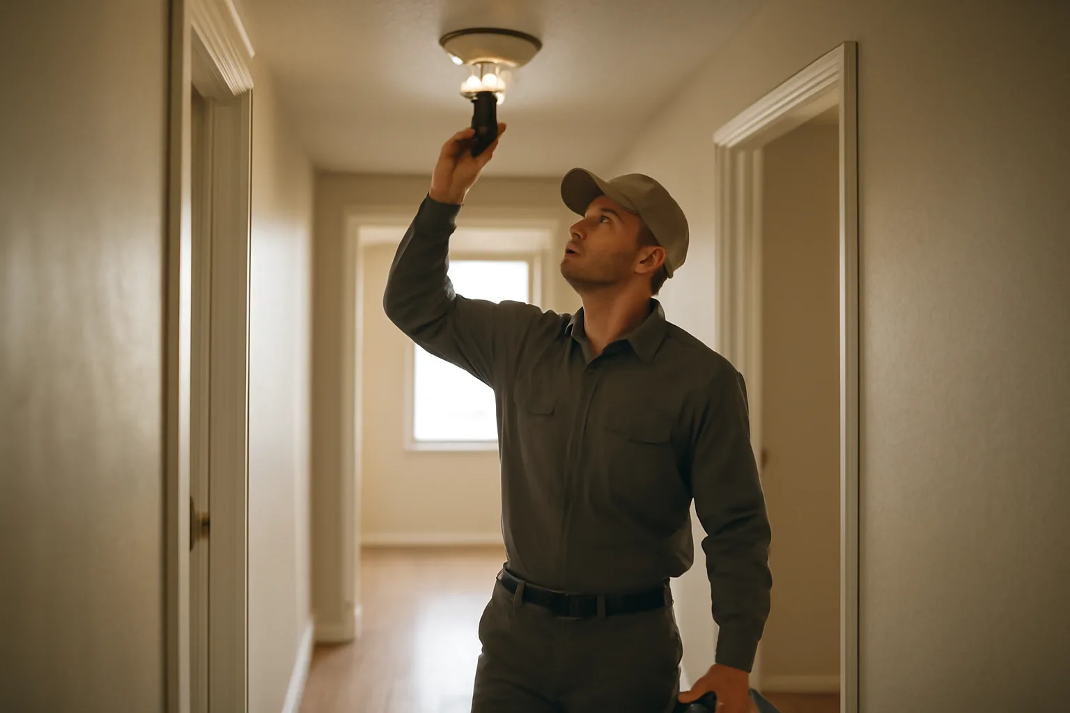 Landlord inspecting a smoke detector in an empty rental unit hallway