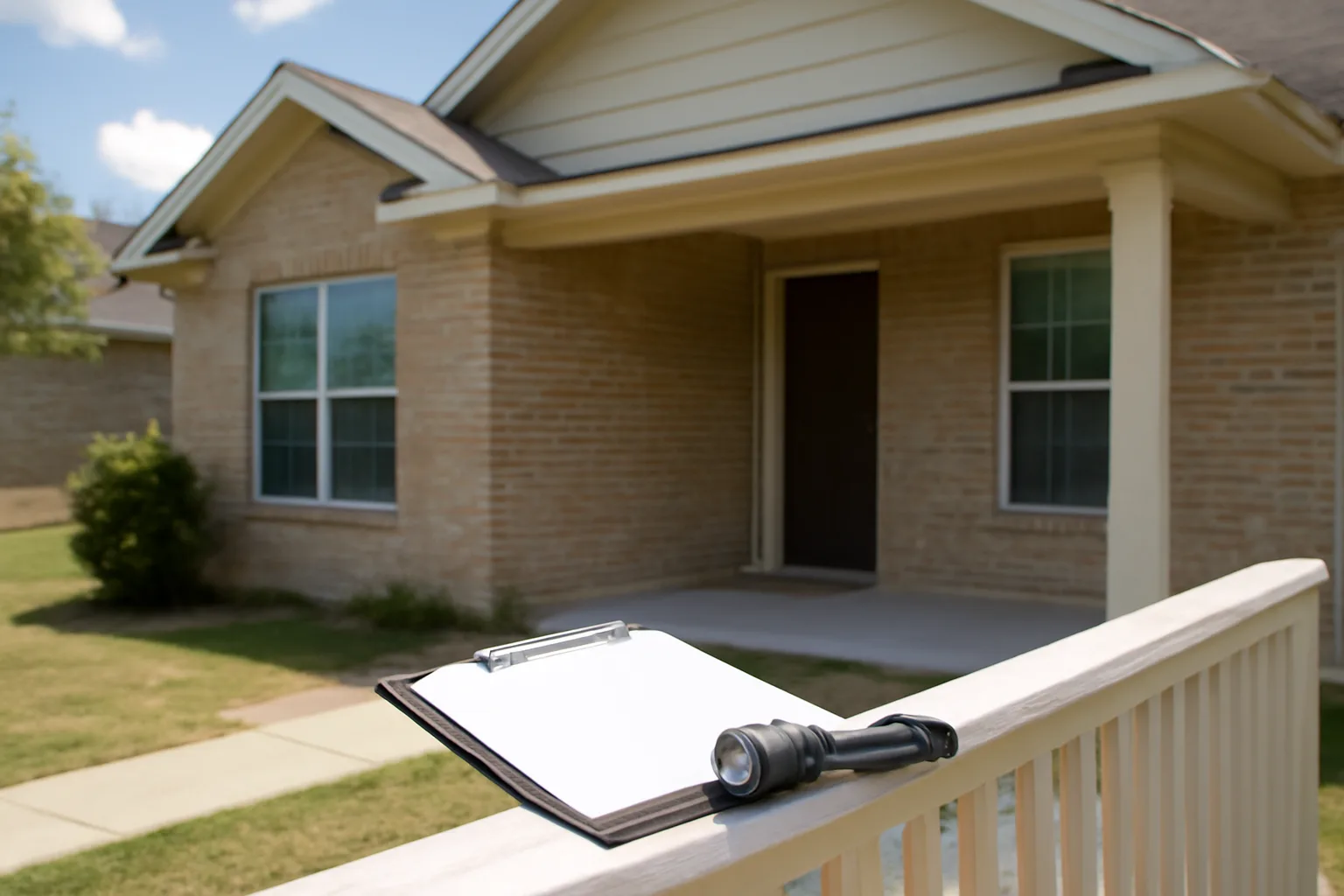 Suburban rental home exterior with inspector's clipboard on porch railing in daylight