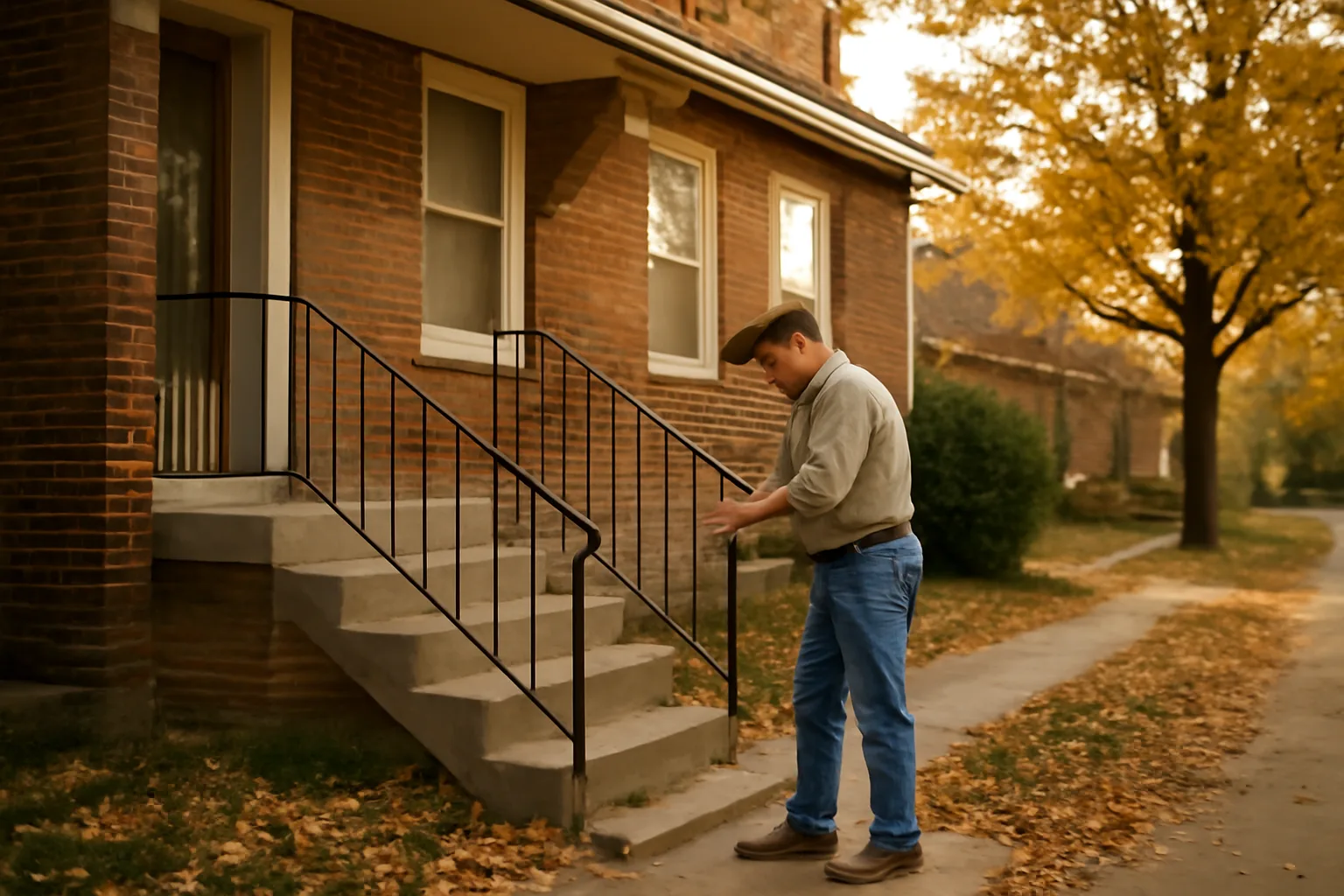 Landlord inspecting an exterior stairway railing outside an Omaha rental duplex