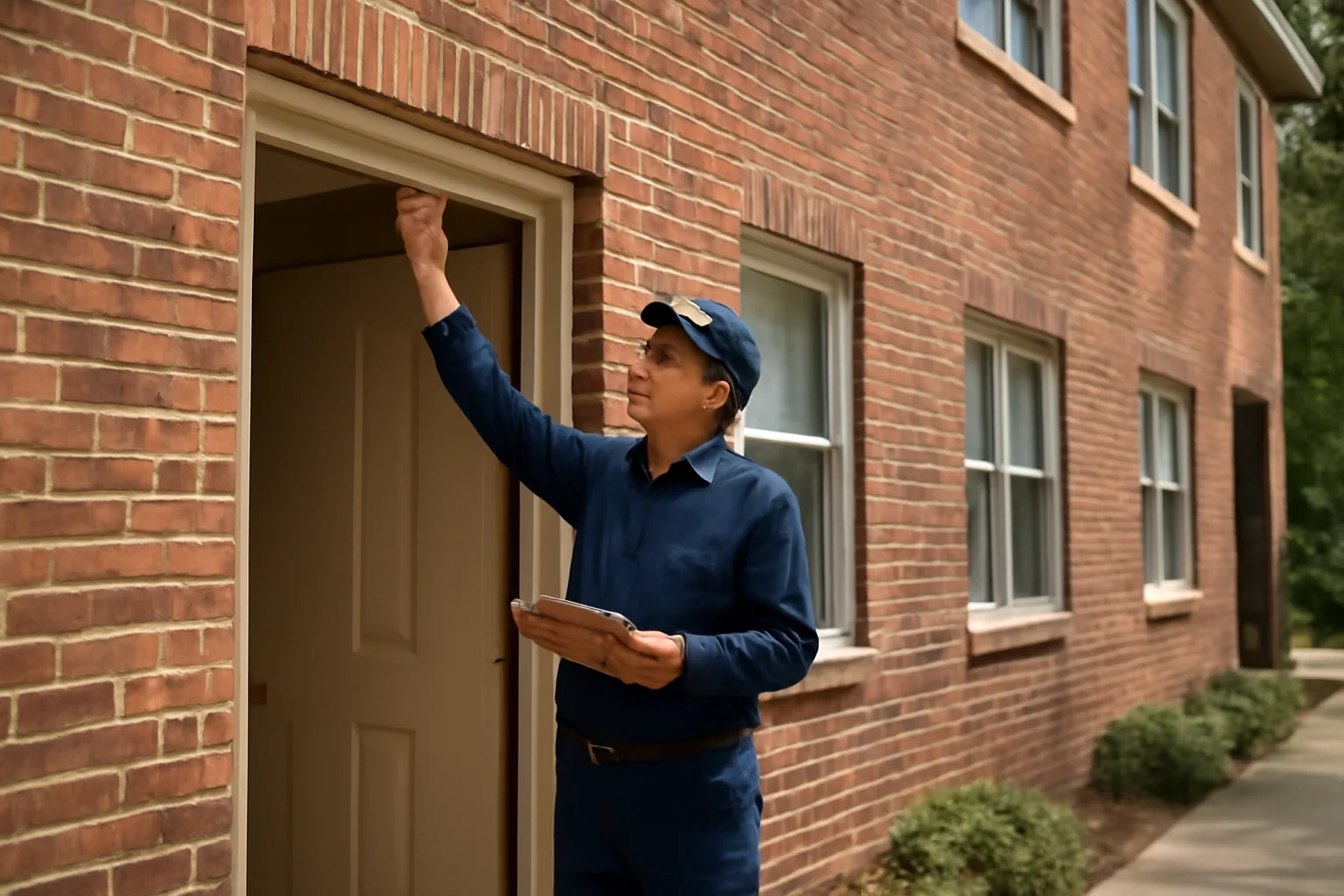 Landlord inspecting a smoke detector inside a rental unit doorway during a compliance check