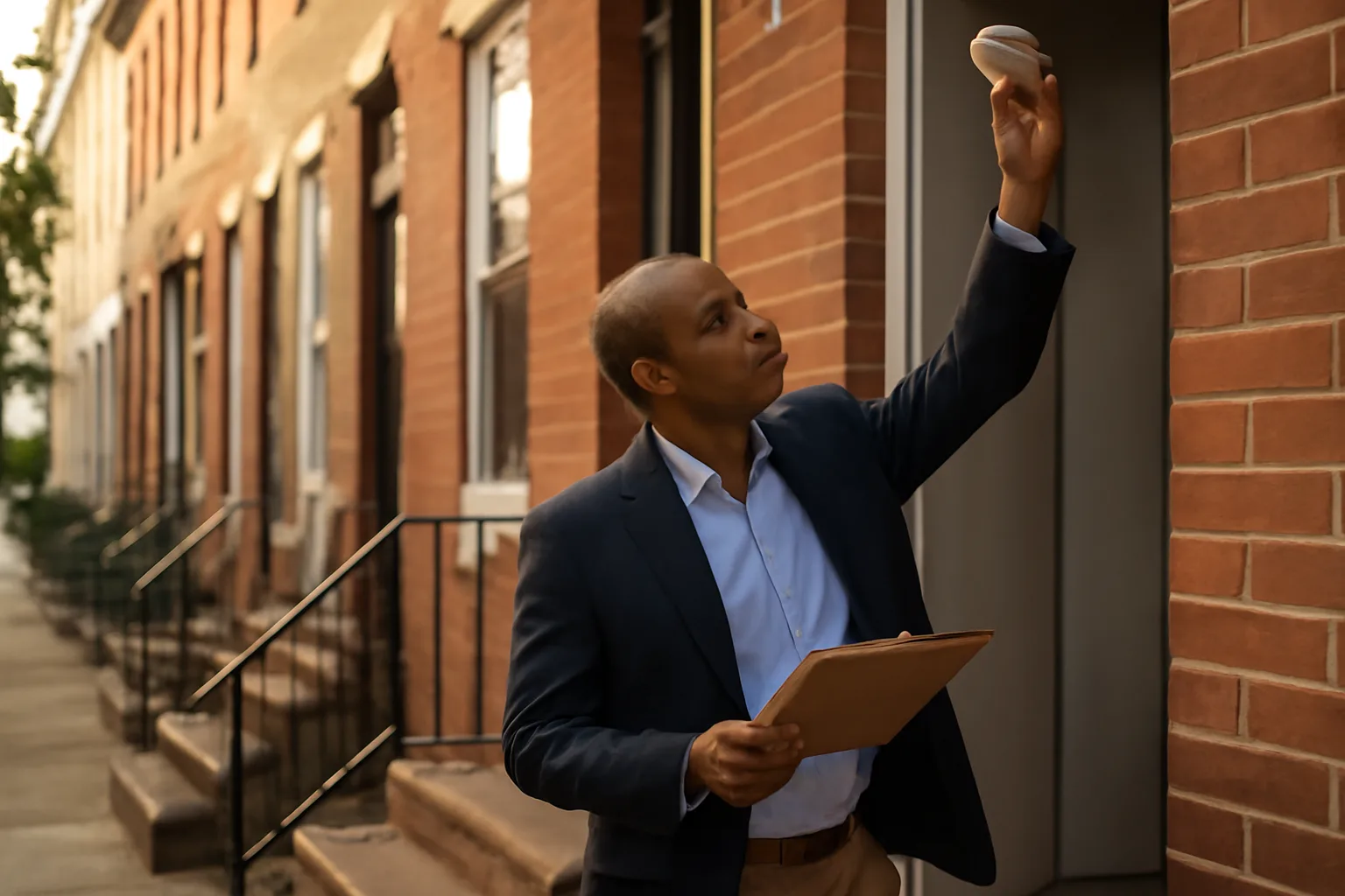 Landlord checking a smoke detector during a Philadelphia rental suitability inspection
