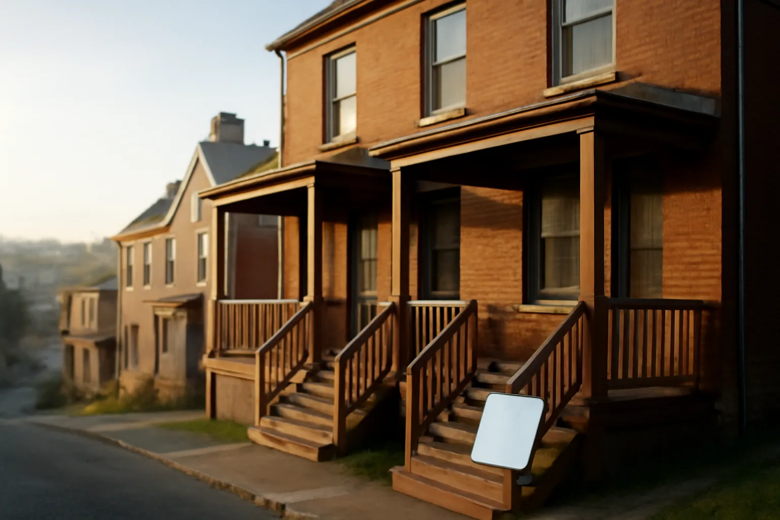 Brick Pittsburgh rowhouse duplex with porch steps during a morning rental inspection visit