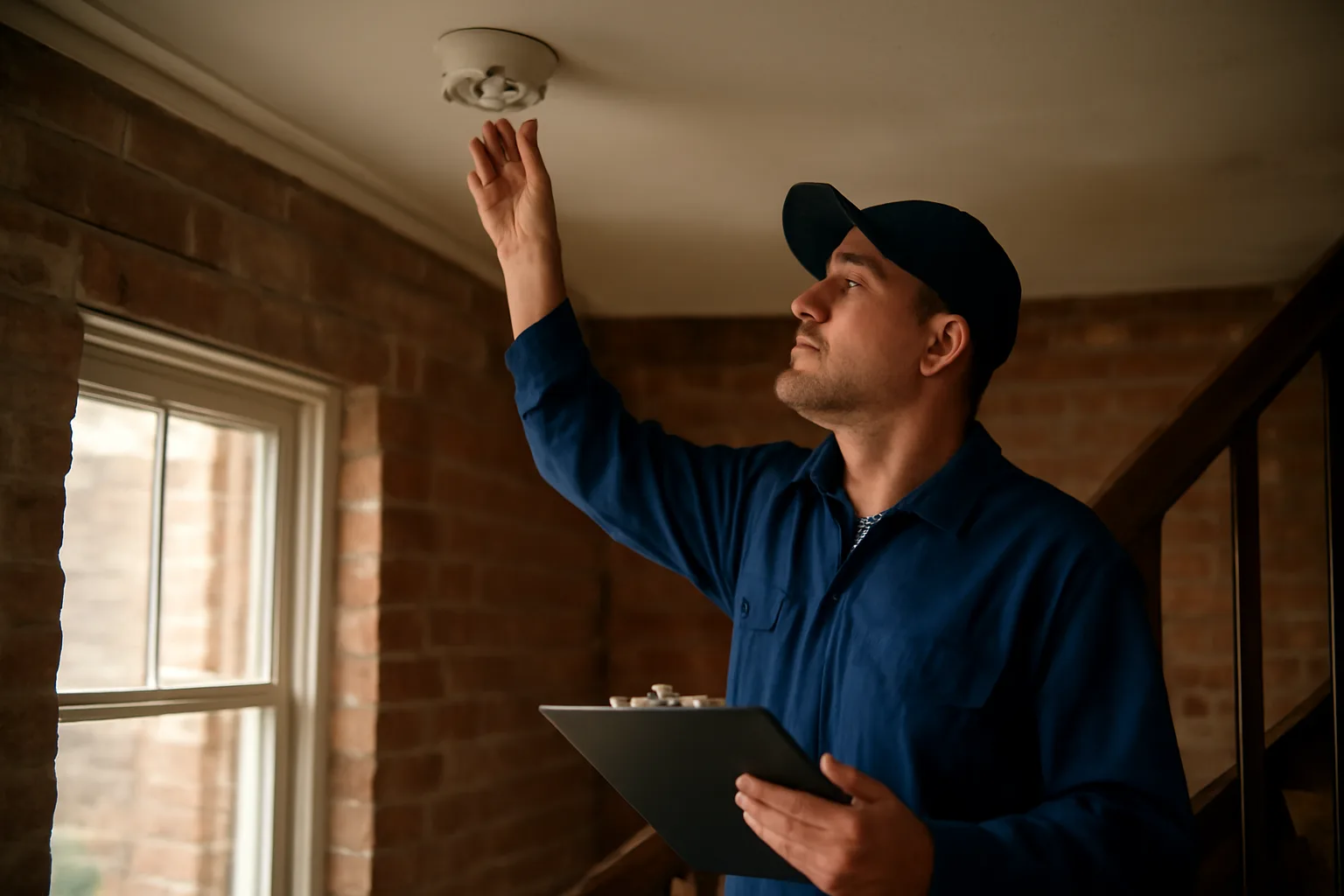 Inspector checking a smoke detector during a city rental inspection in an older duplex hallway