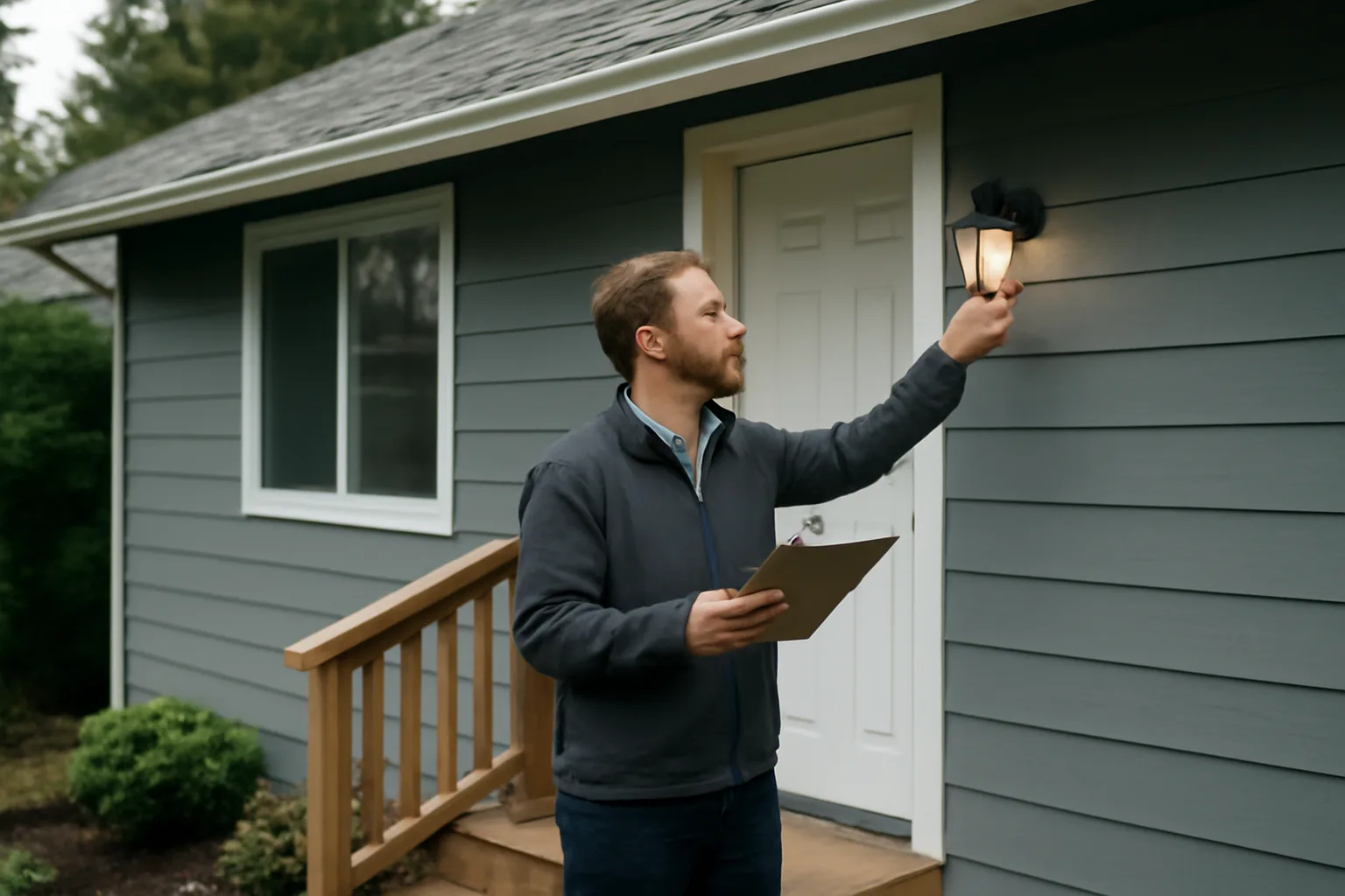 Landlord inspecting exterior of a small rental house under overcast Pacific Northwest sky