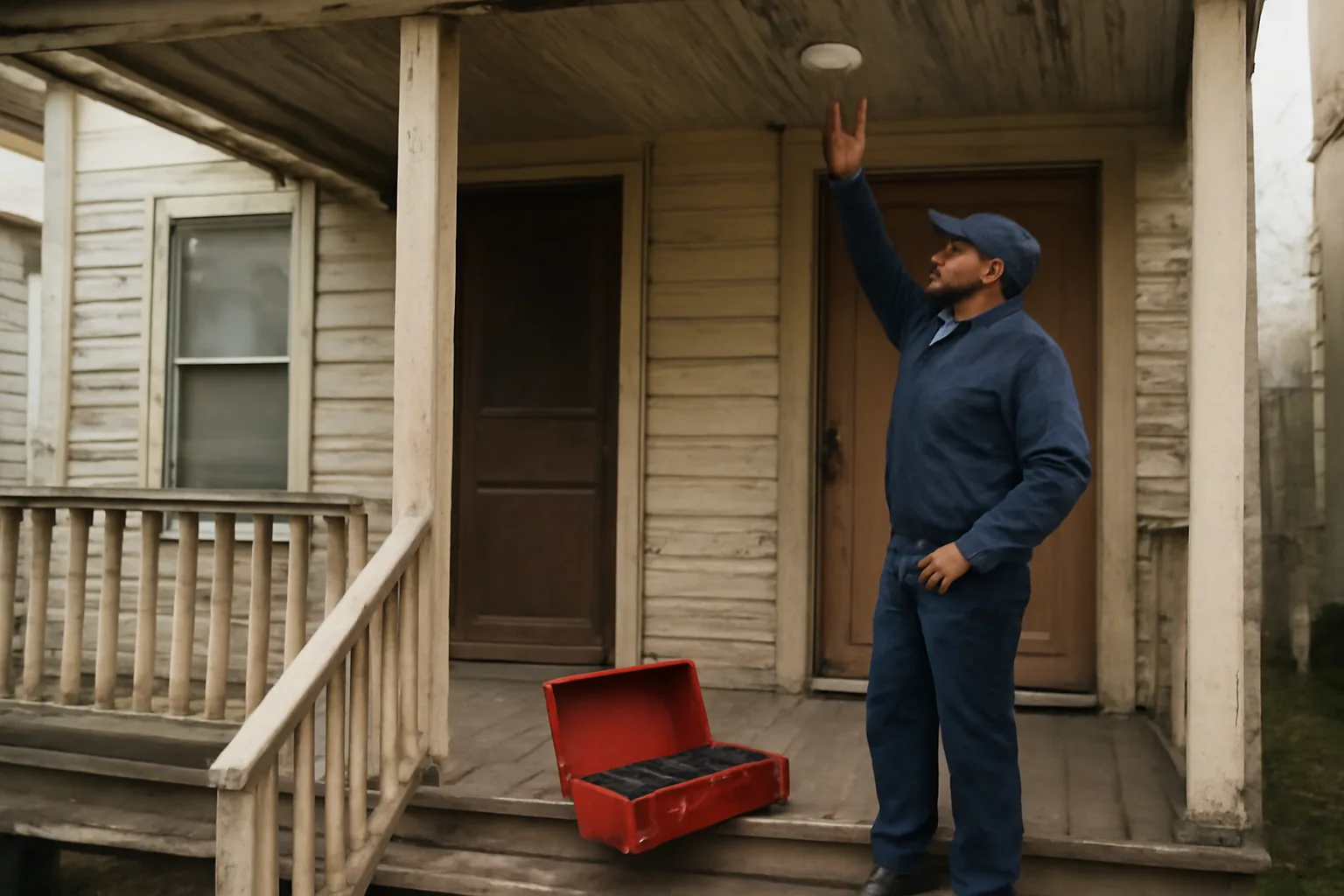 Maintenance worker inspecting a smoke detector on a rental duplex porch
