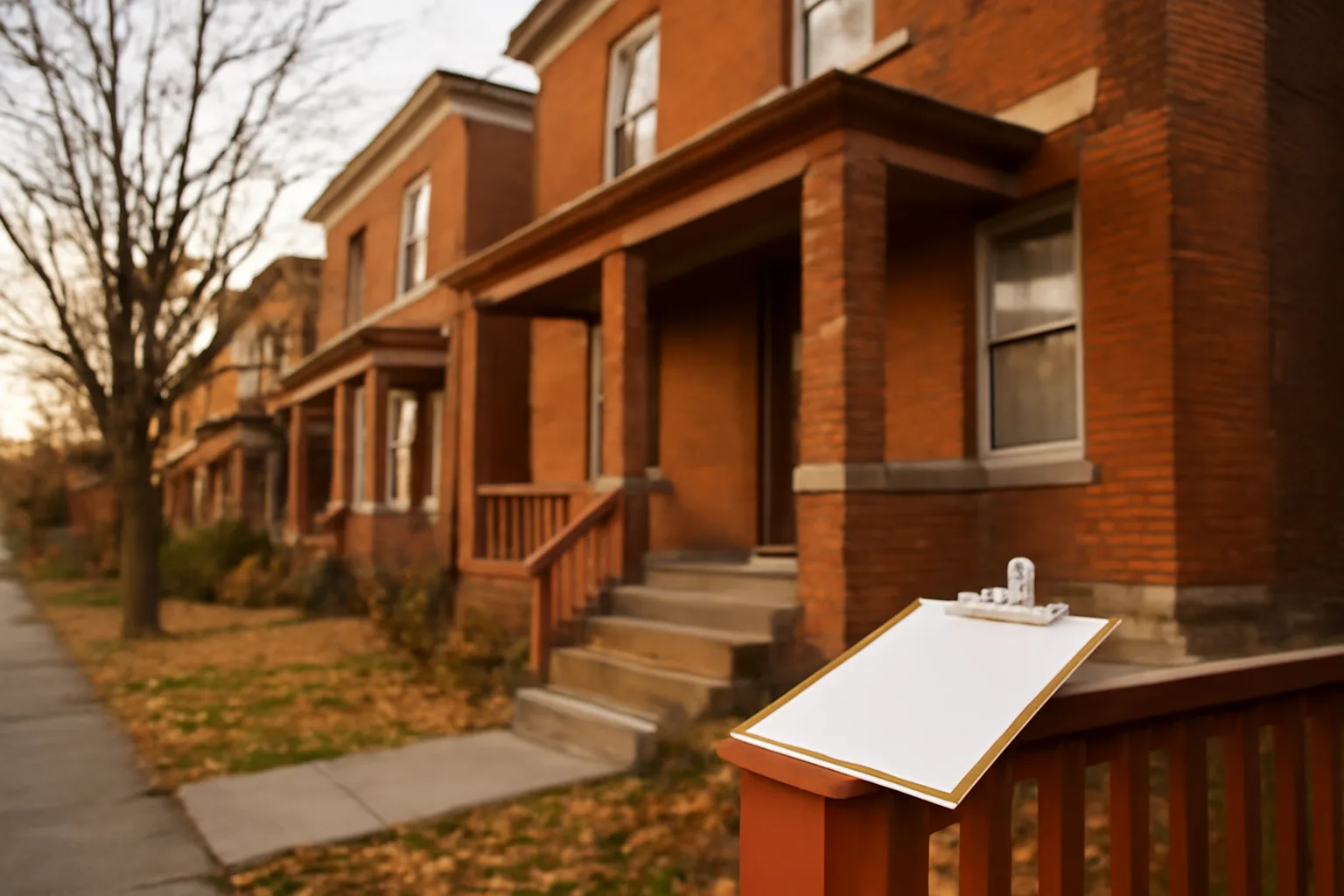 Brick two-family rental house on a Rochester street during a rental inspection visit