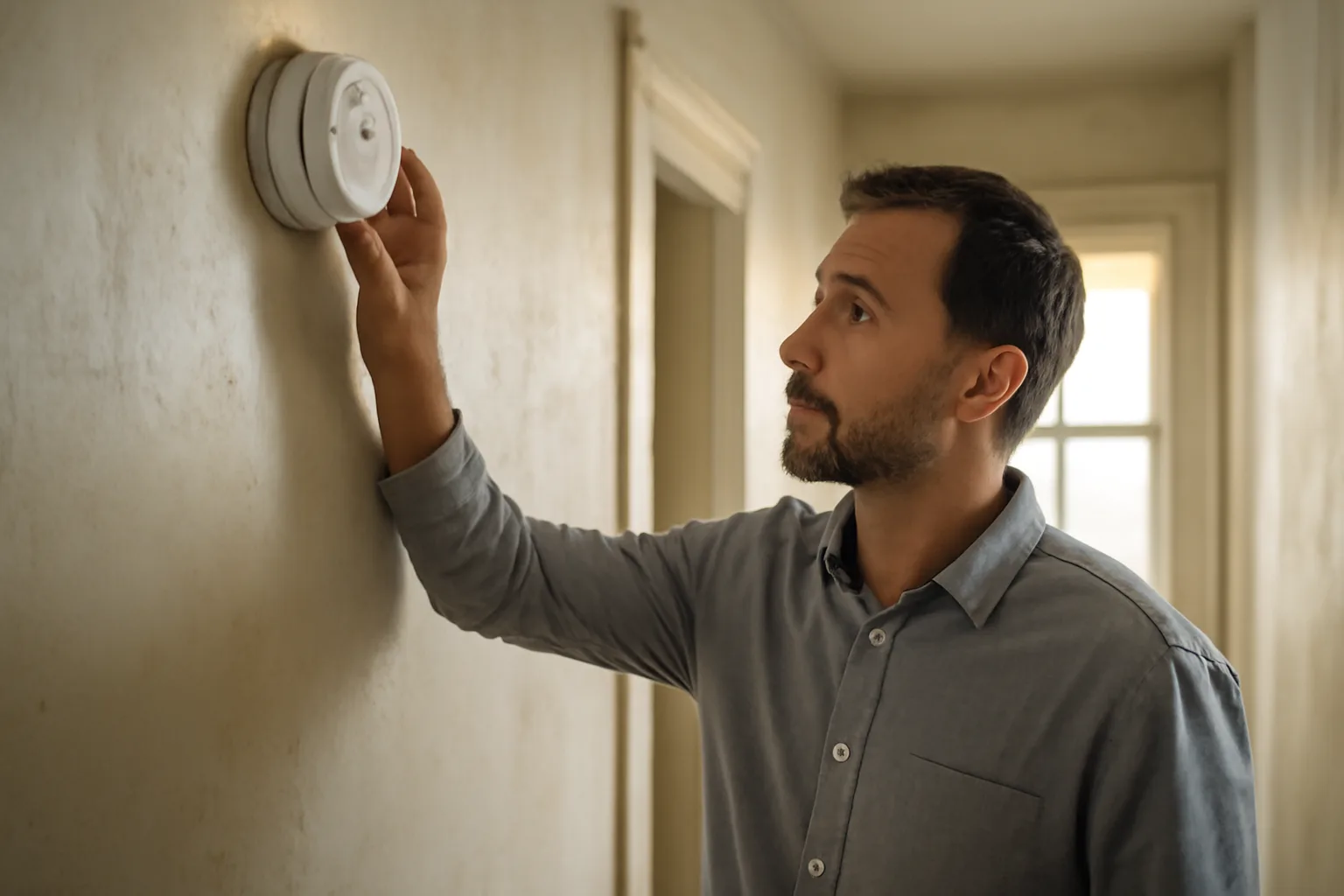 Inspector checking a smoke detector during a rental housing inspection in an apartment hallway