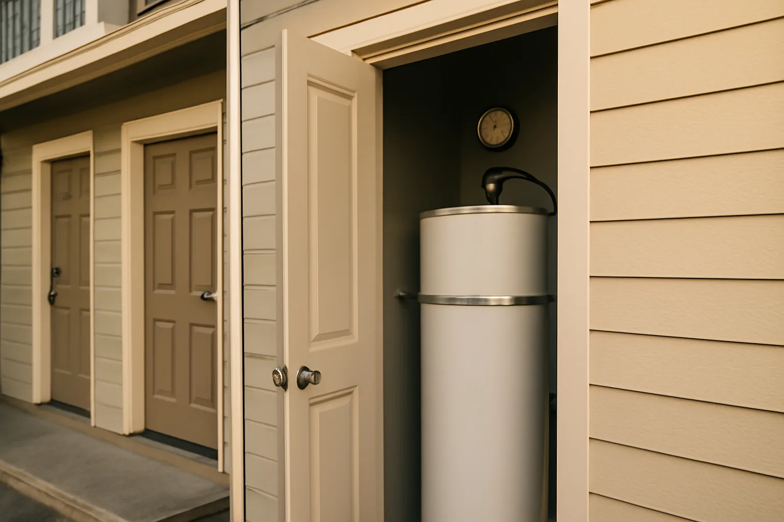 Utility closet with strapped water heater during a rental housing inspection walkthrough