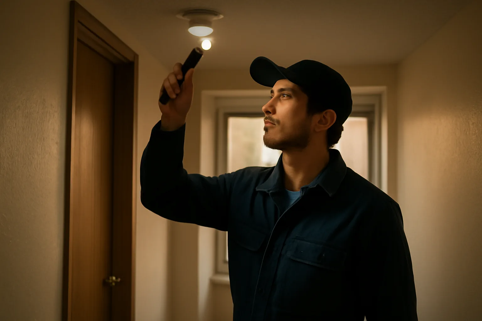 Inspector checking a smoke alarm during a city of Sacramento rental inspection