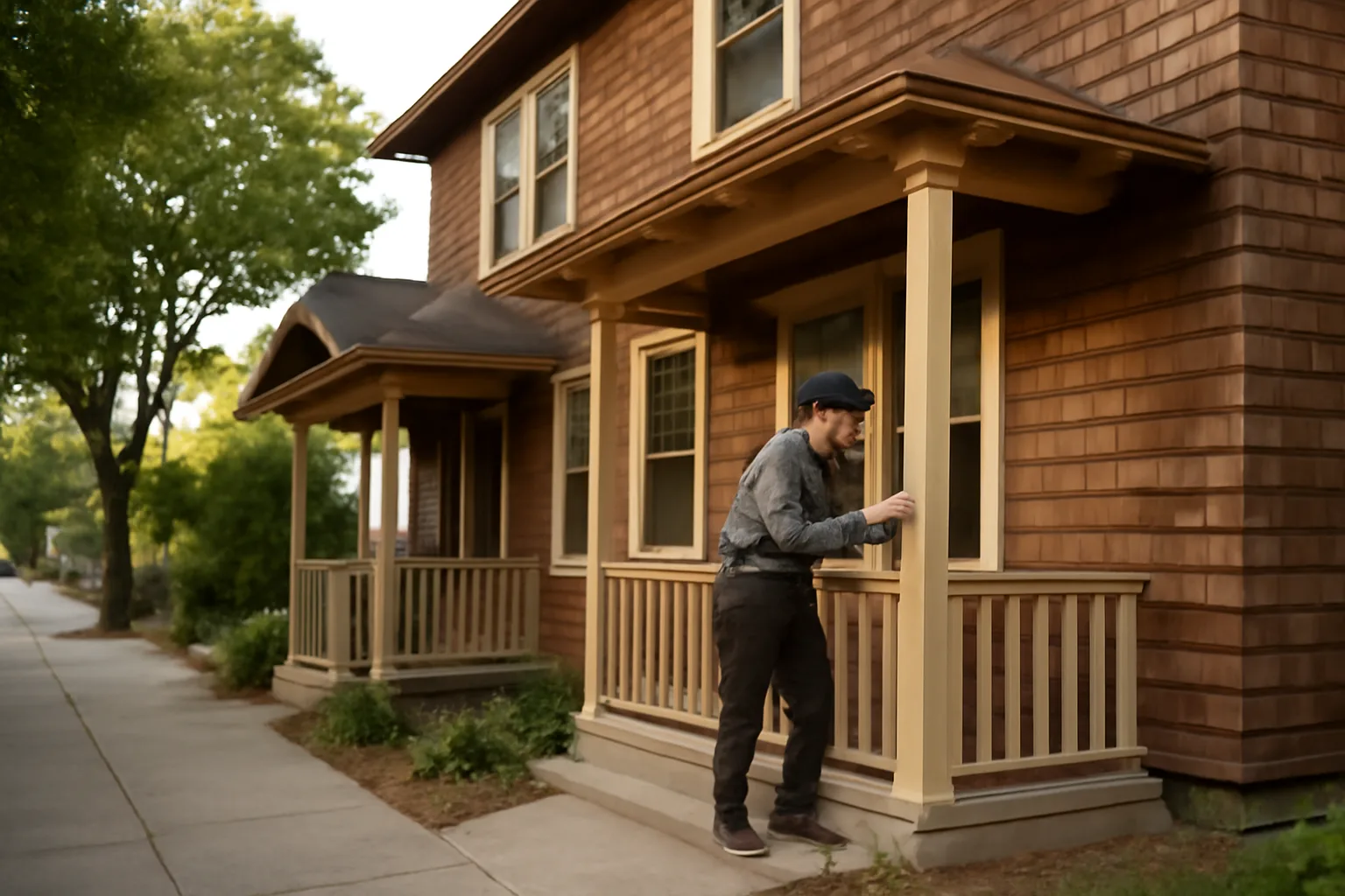 Landlord inspecting porch railing and windows on a Santa Cruz rental duplex
