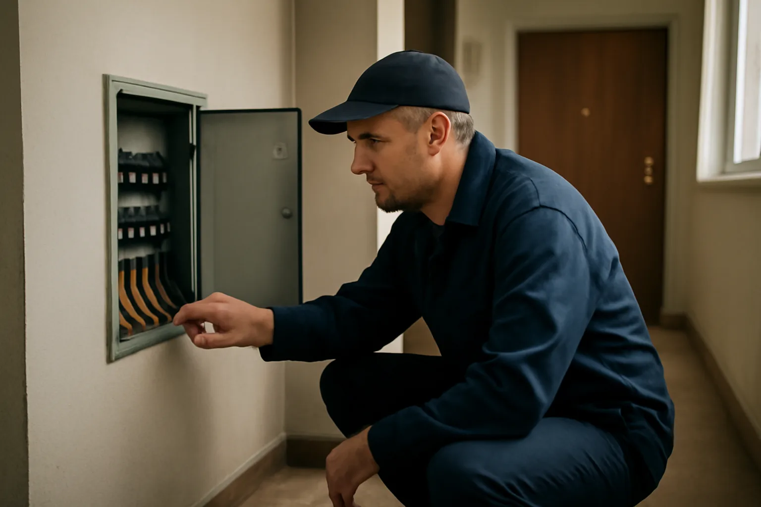 Inspector examining an electrical panel during a residential rental inspection